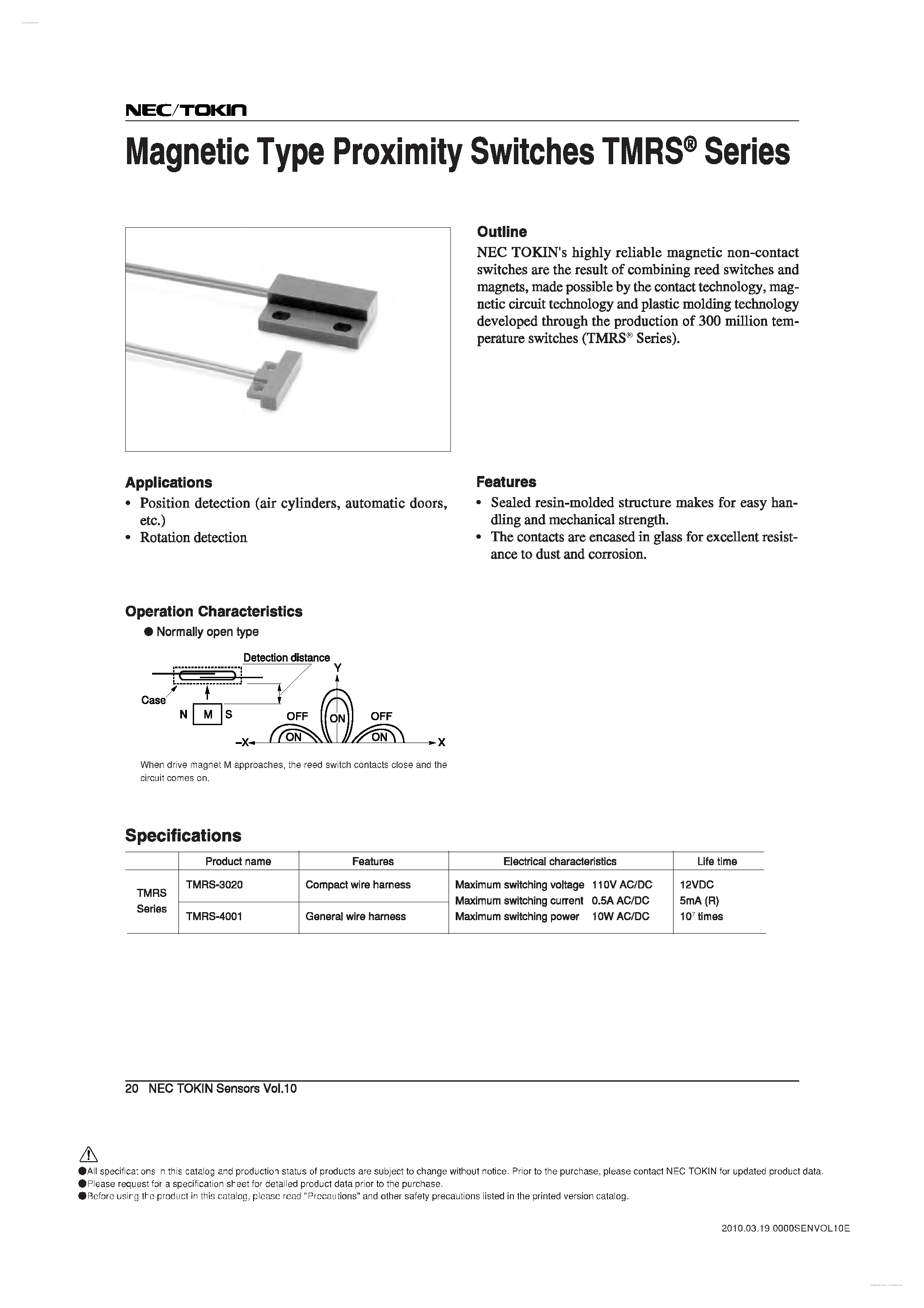 Даташит на микросхему TMRS-3020 страница 1 Даташит TMRS-3020 - Magnetic Type Proximity Switches TMRS страница 1