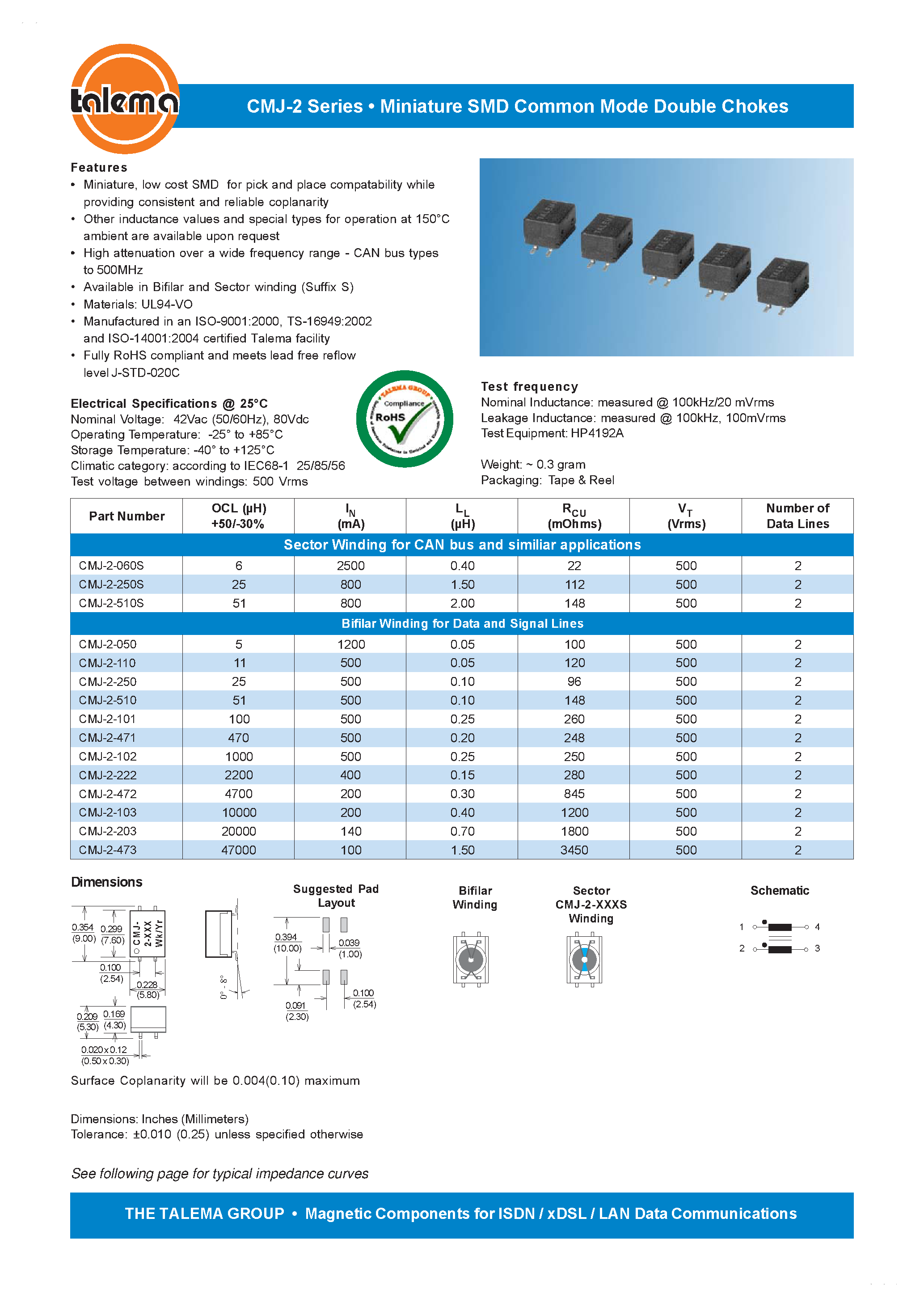 Datasheet CMJ-2 - Miniature SMD Common Mode Double Chokes page 1