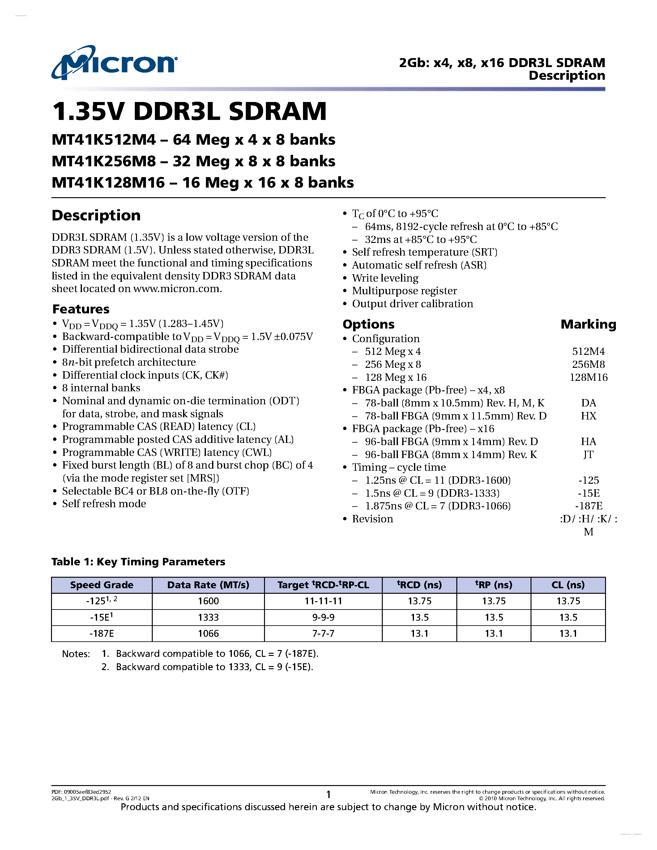 Datasheet MT41K128M16 - 1.35V DDR3L SDRAM page 1