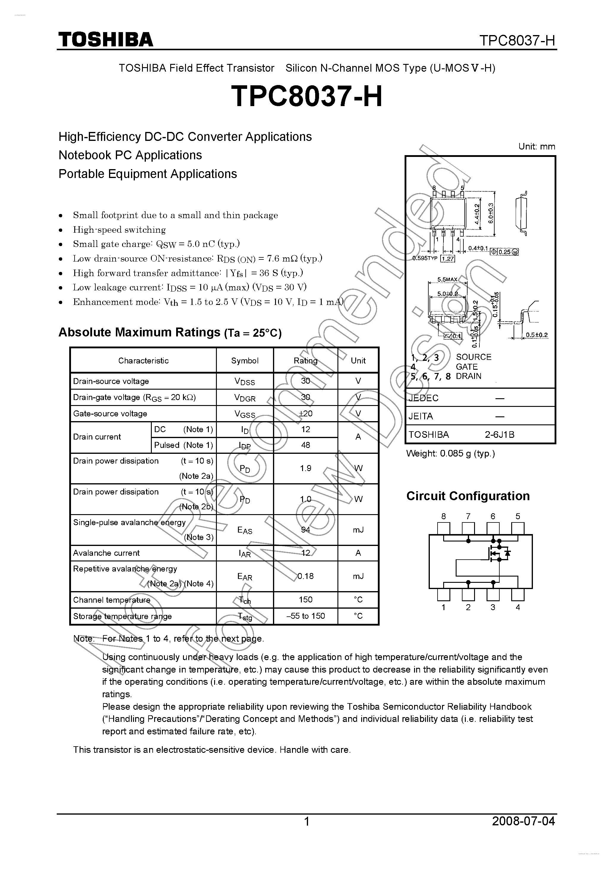 Datasheet TPC8037-H page 1 Datasheet TPC8037-H - Silicon N-Channel MOS Type page 1