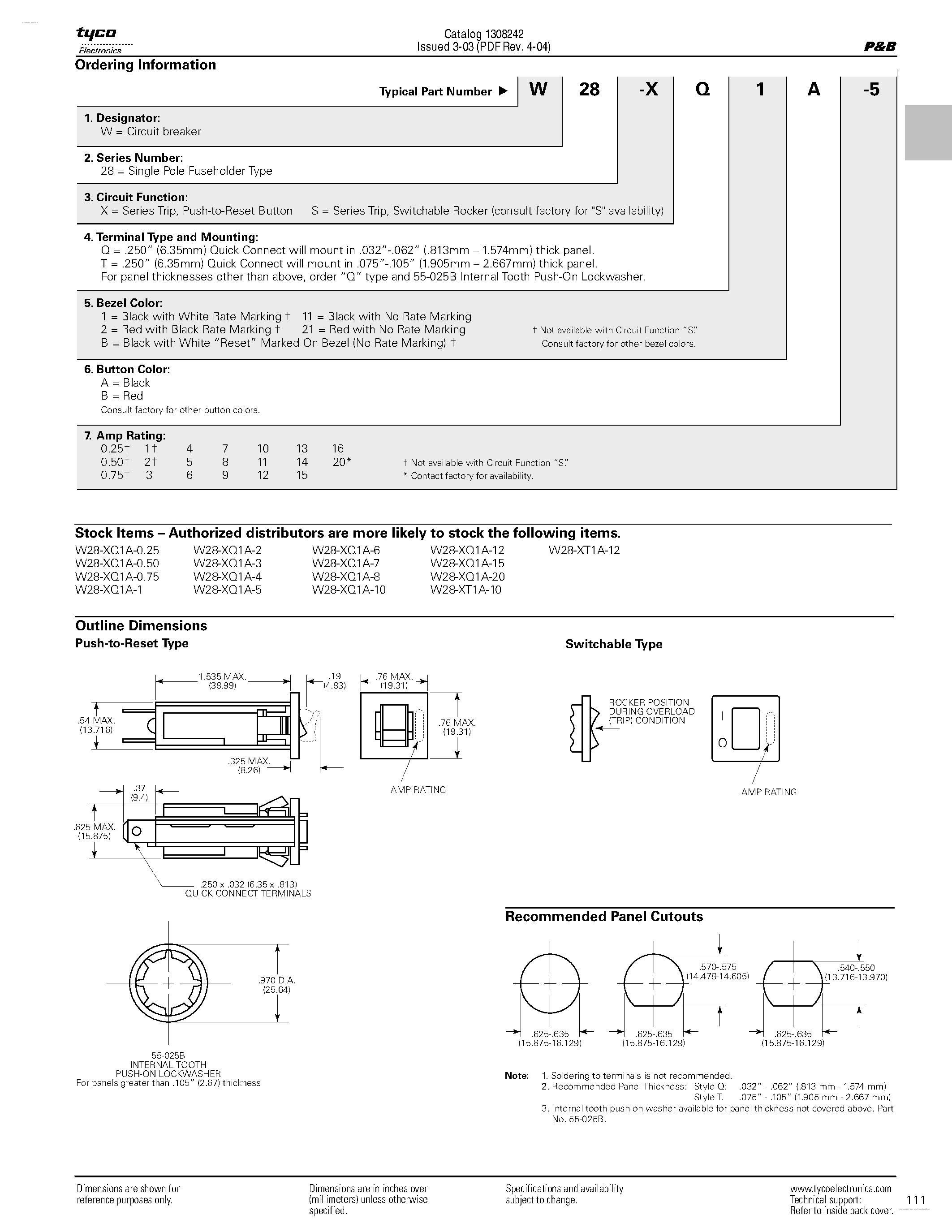 Datasheet W28 page 2 Datasheet W28 - Switchable or Push to Reset Fuseholder-Type Thermal Circuit Breaker page 2