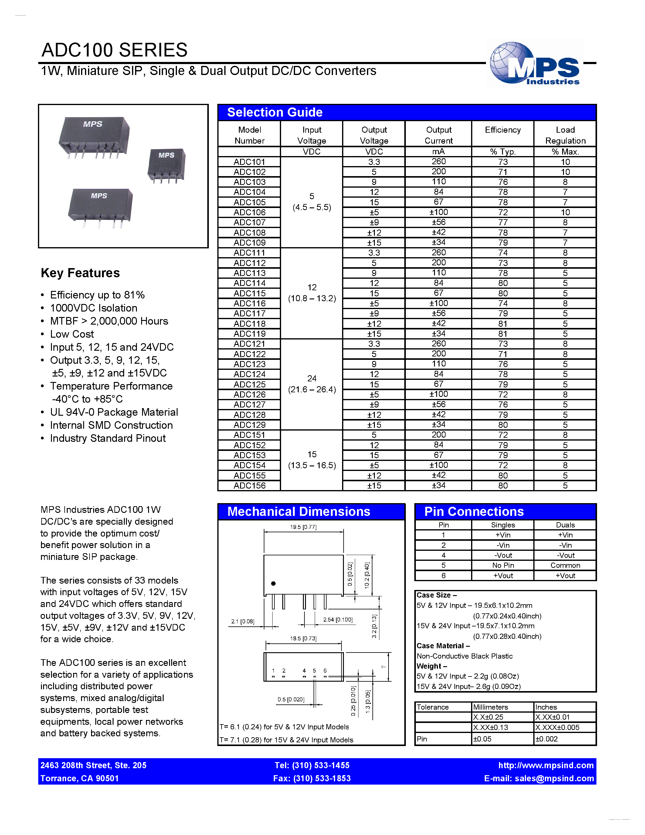 Datasheet ADC100 page 1 Datasheet ADC100 - Single & Dual Output DC/DC Converters page 1