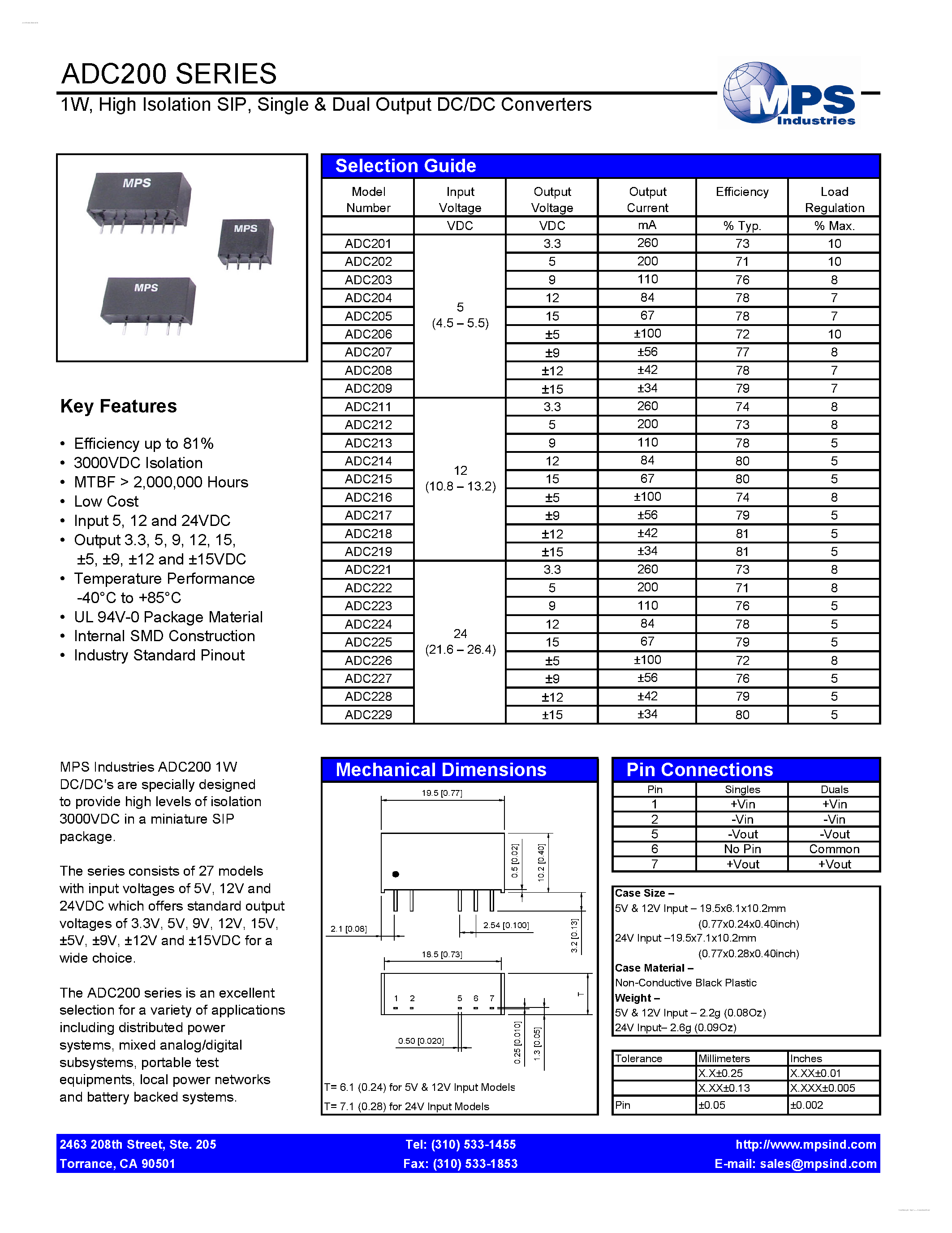 Datasheet ADC200 - Single & Dual Output DC/DC Converters page 1