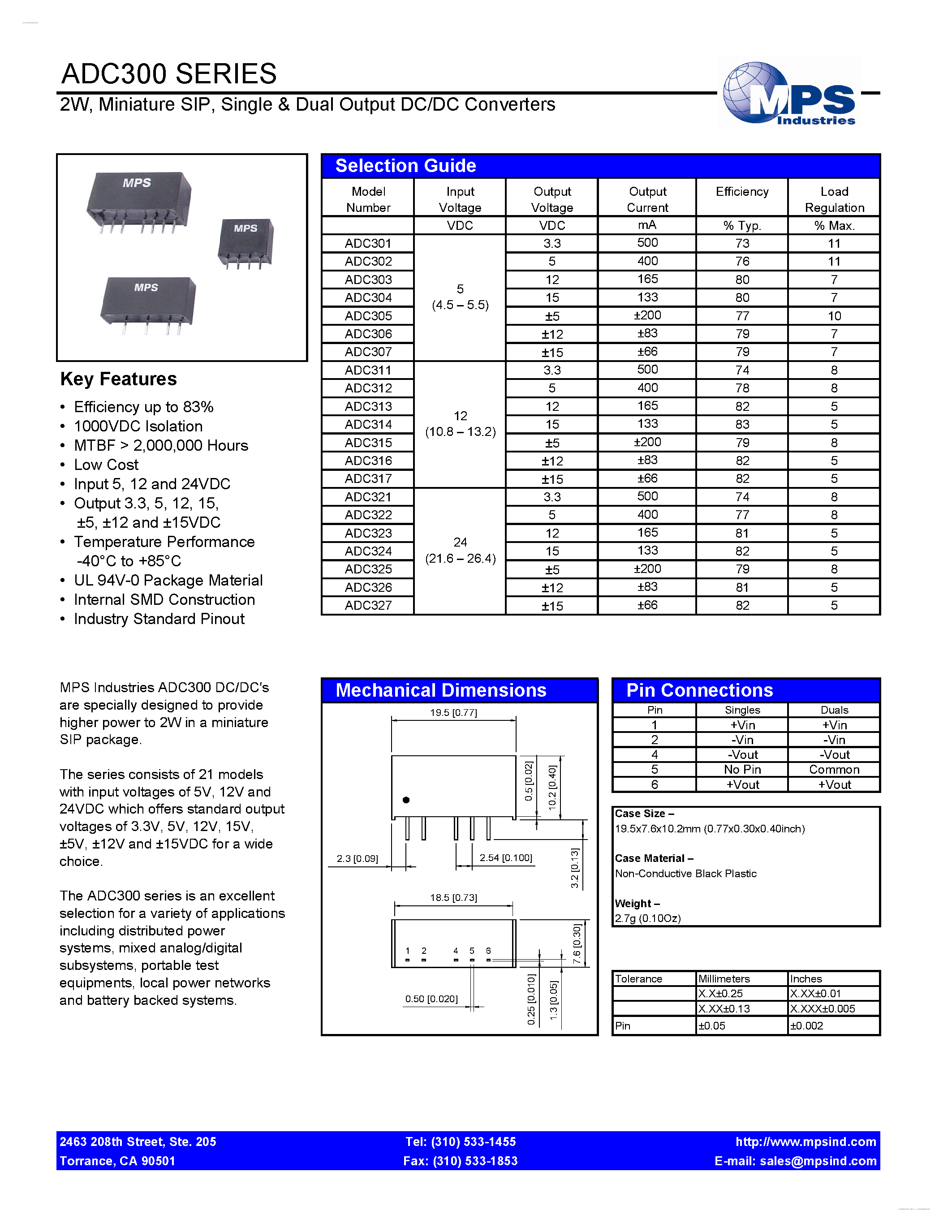 Datasheet ADC300 - Single & Dual Output DC/DC Converters page 1