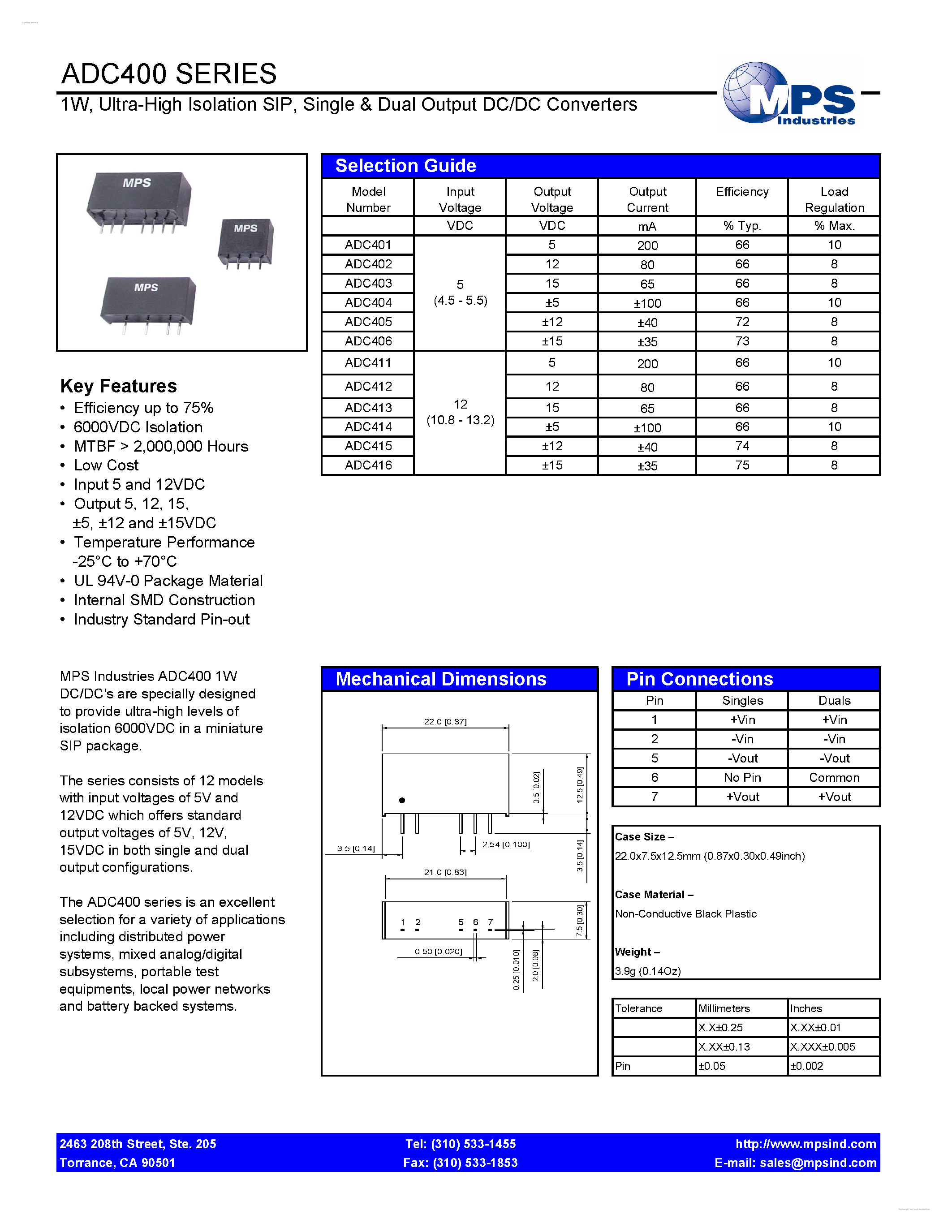 Datasheet ADC400 - Single & Dual Output DC/DC Converters page 1