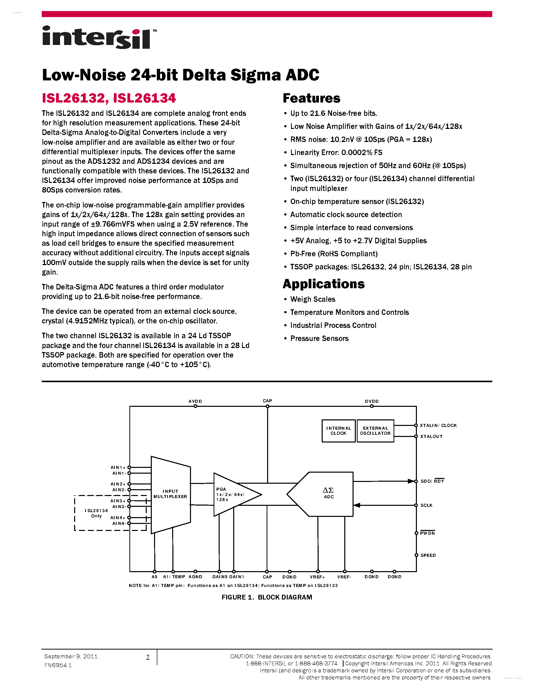 Datasheet ISL26132 - (ISL26132 / ISL26134) Low-Noise 24-bit Delta Sigma ADC page 1