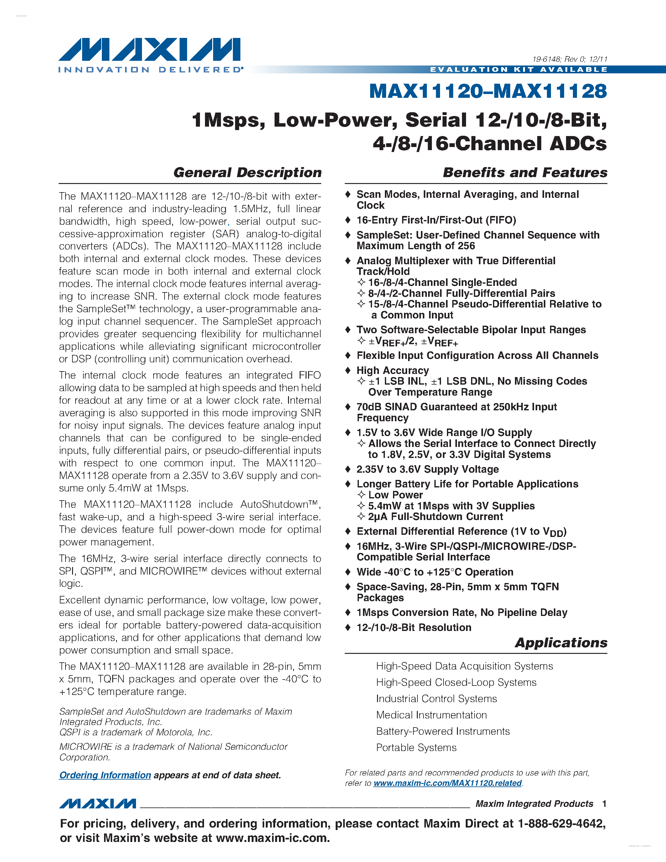 Datasheet MAX11120 - (MAX11120 - MAX11128) 4-/8-/16-Channel ADCs page 1