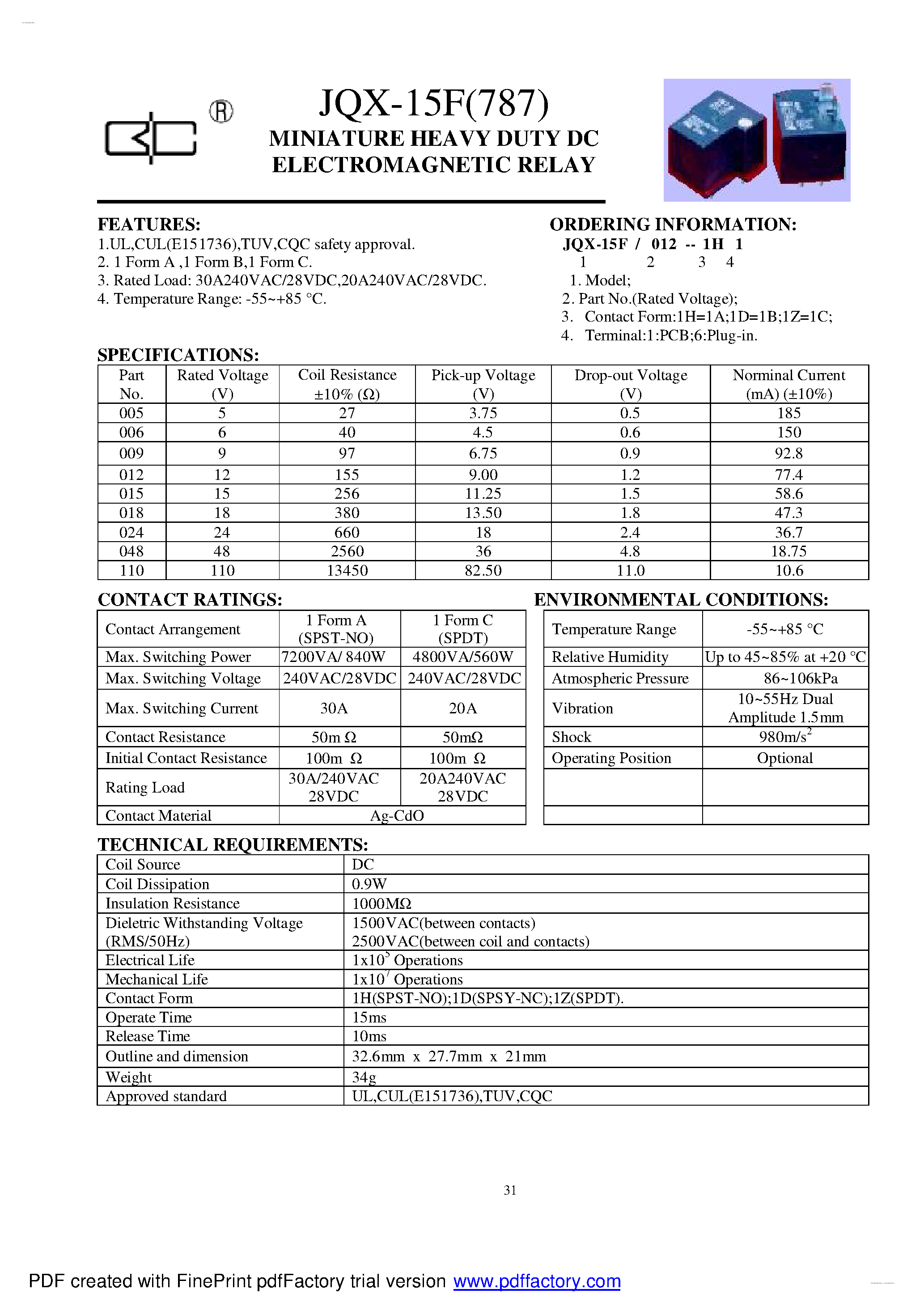 Даташит JQX-15F - MINIATURE HEAVY DUTY DC ELECTROMAGNETIC RELAY страница 1