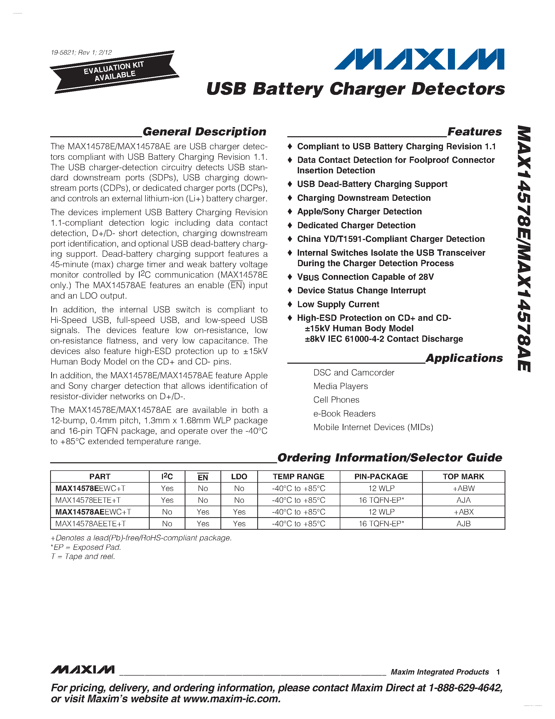 Datasheet MAX14578E - USB Battery Charger Detectors page 1