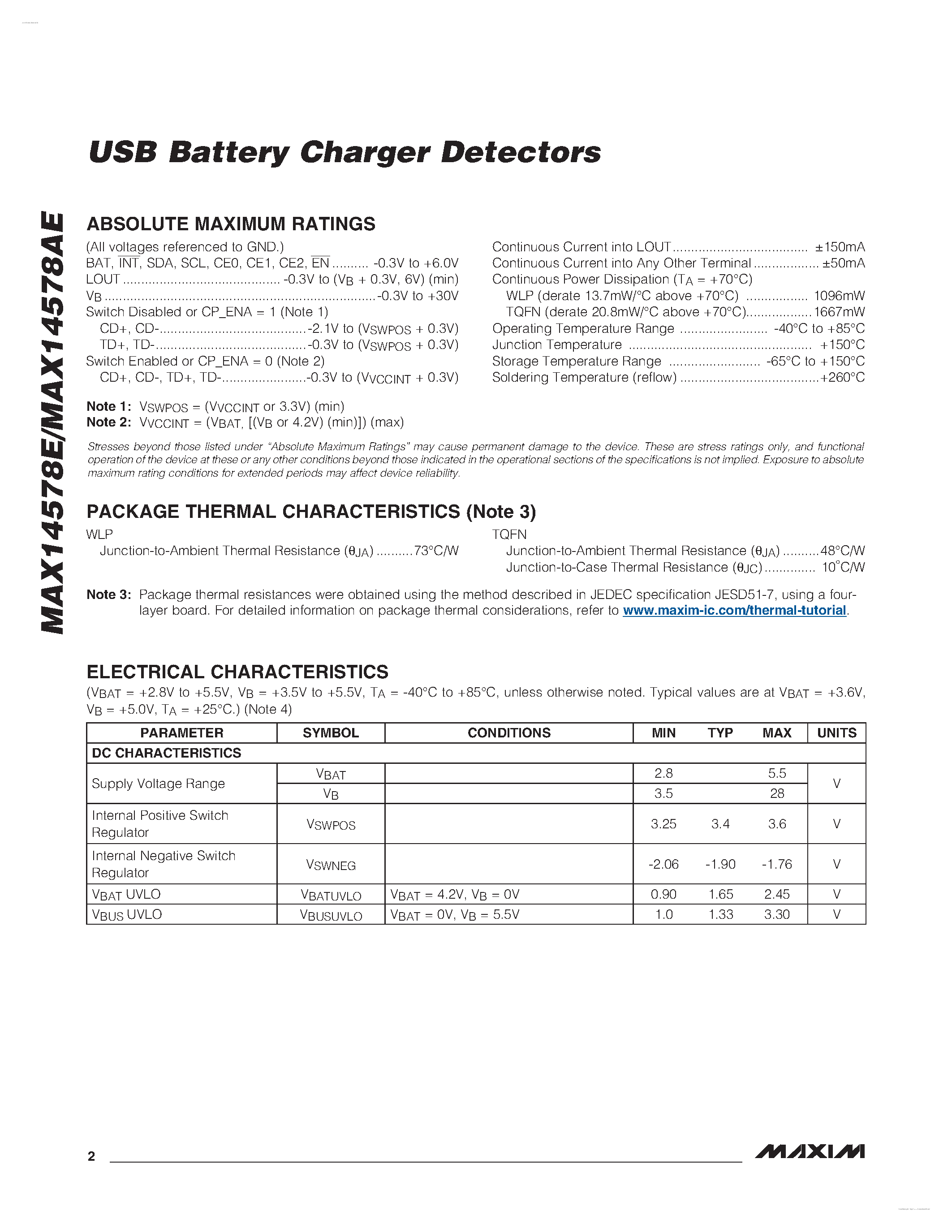 Datasheet MAX14578E - USB Battery Charger Detectors page 2