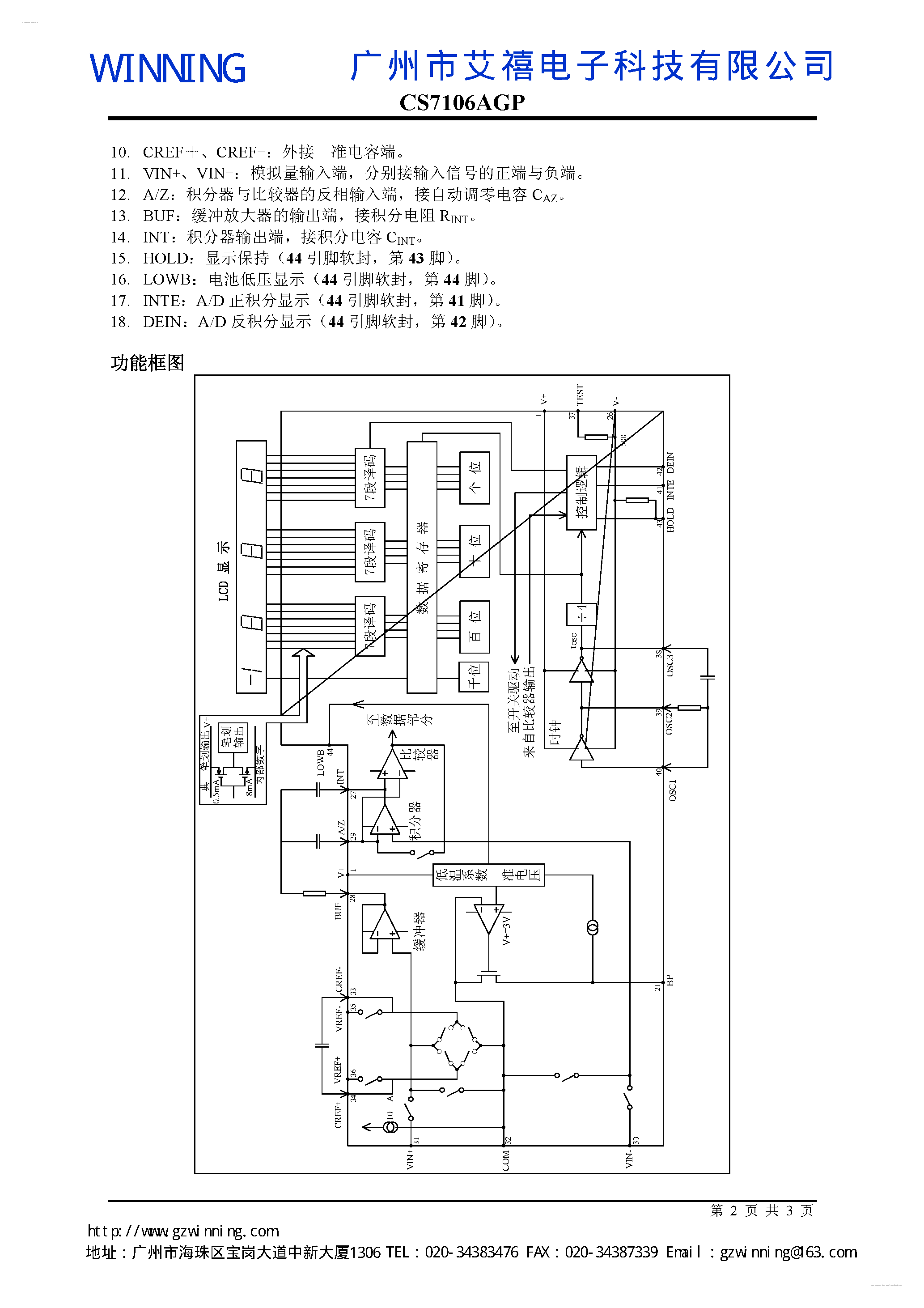 Datasheet CS7106AGP page 2 Datasheet CS7106AGP - LCD Driver A/D Converter page 2