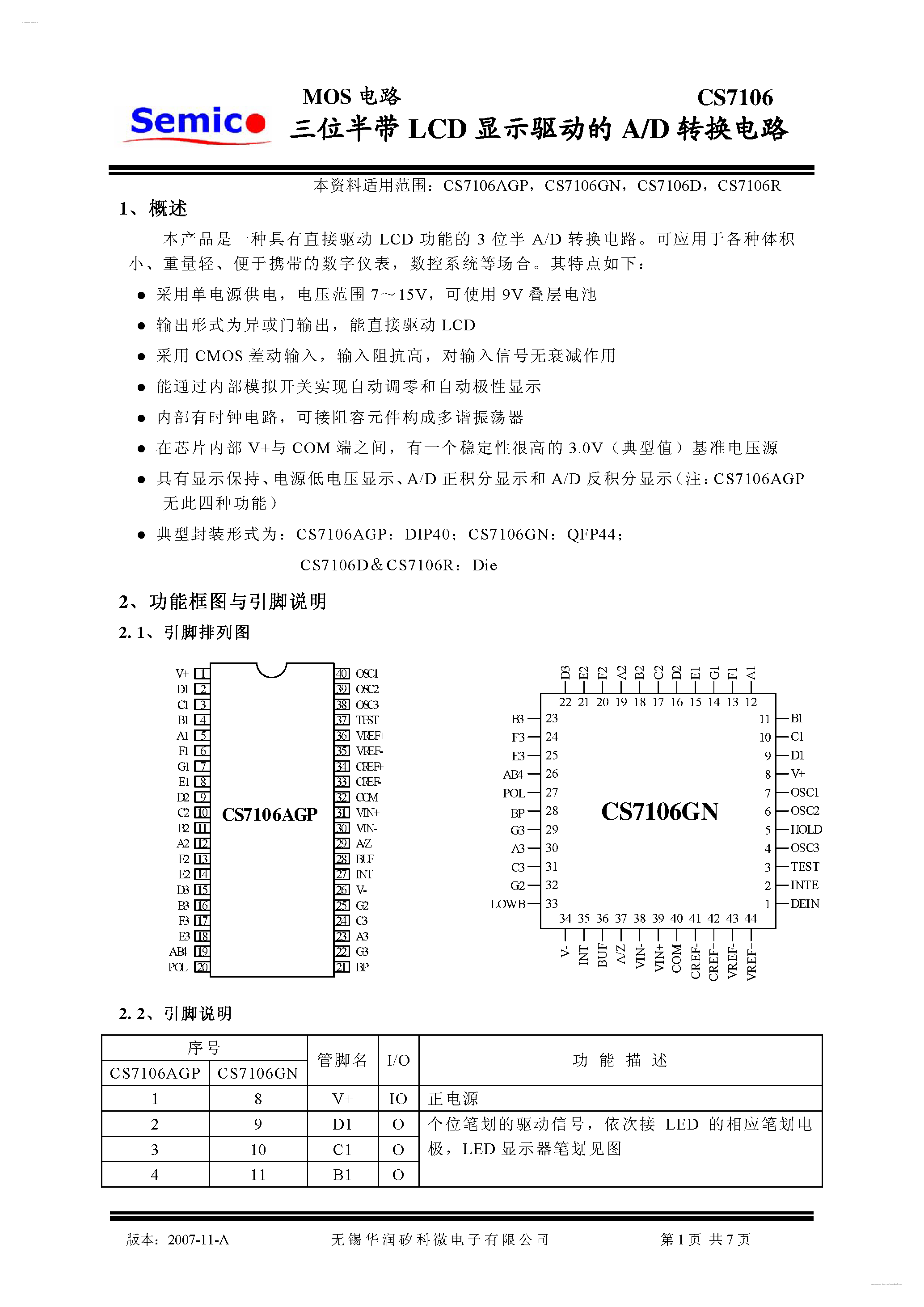 Даташит на микросхему CS7106 страница 1 Даташит CS7106 - LCD Driver A/D Converter страница 1