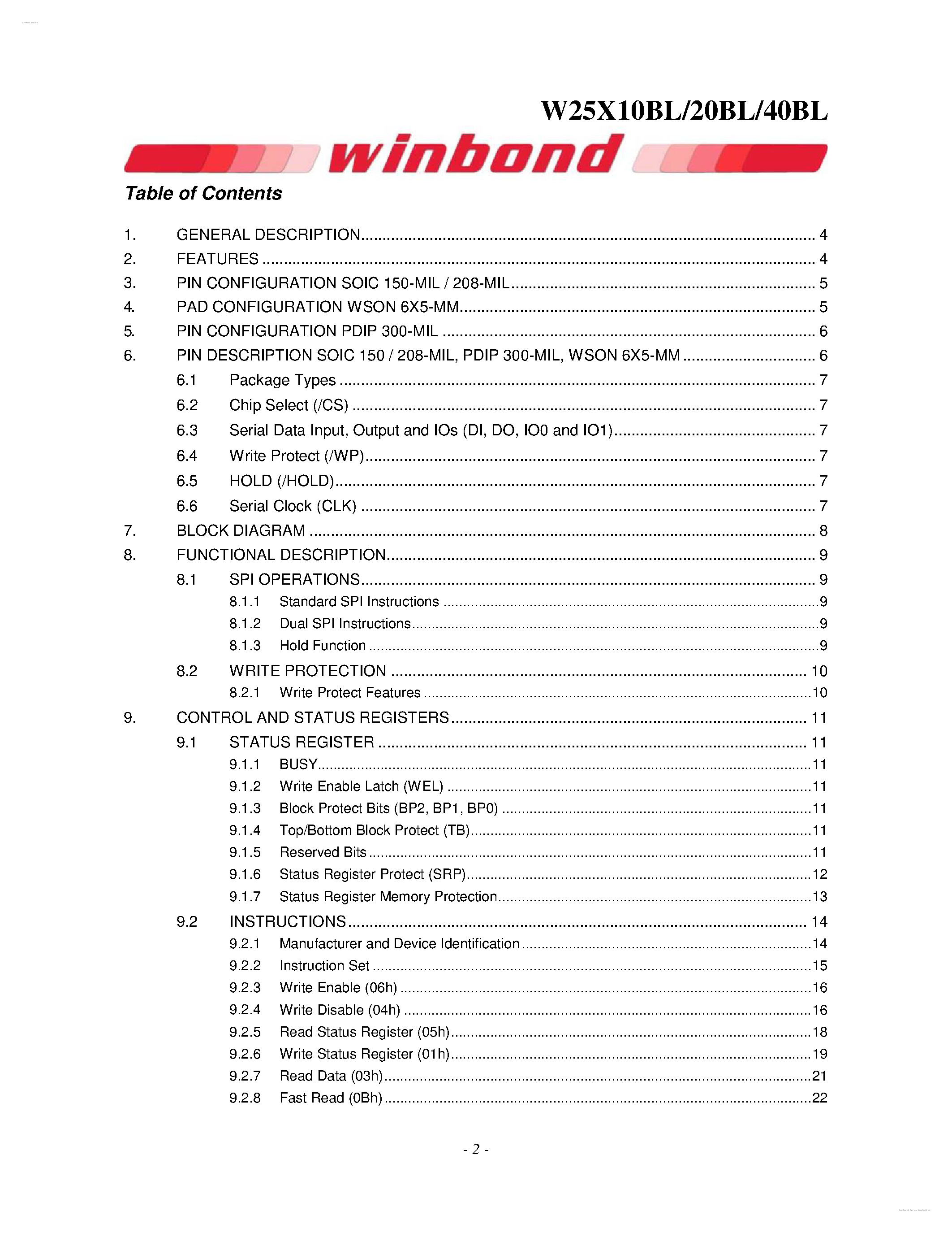 Datasheet W25X10BL - (W25X10BL - W25X40BL) 2.5V SERIAL FLASH MEMORY page 2