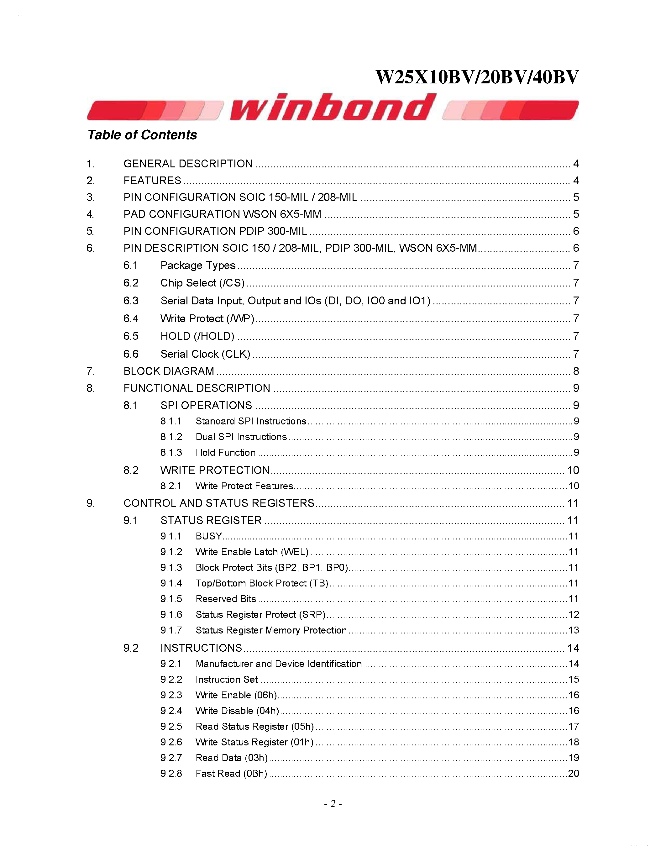 Даташит W25X10BV - (W25X10BV - W25X40BV) FLASH MEMORY страница 2
