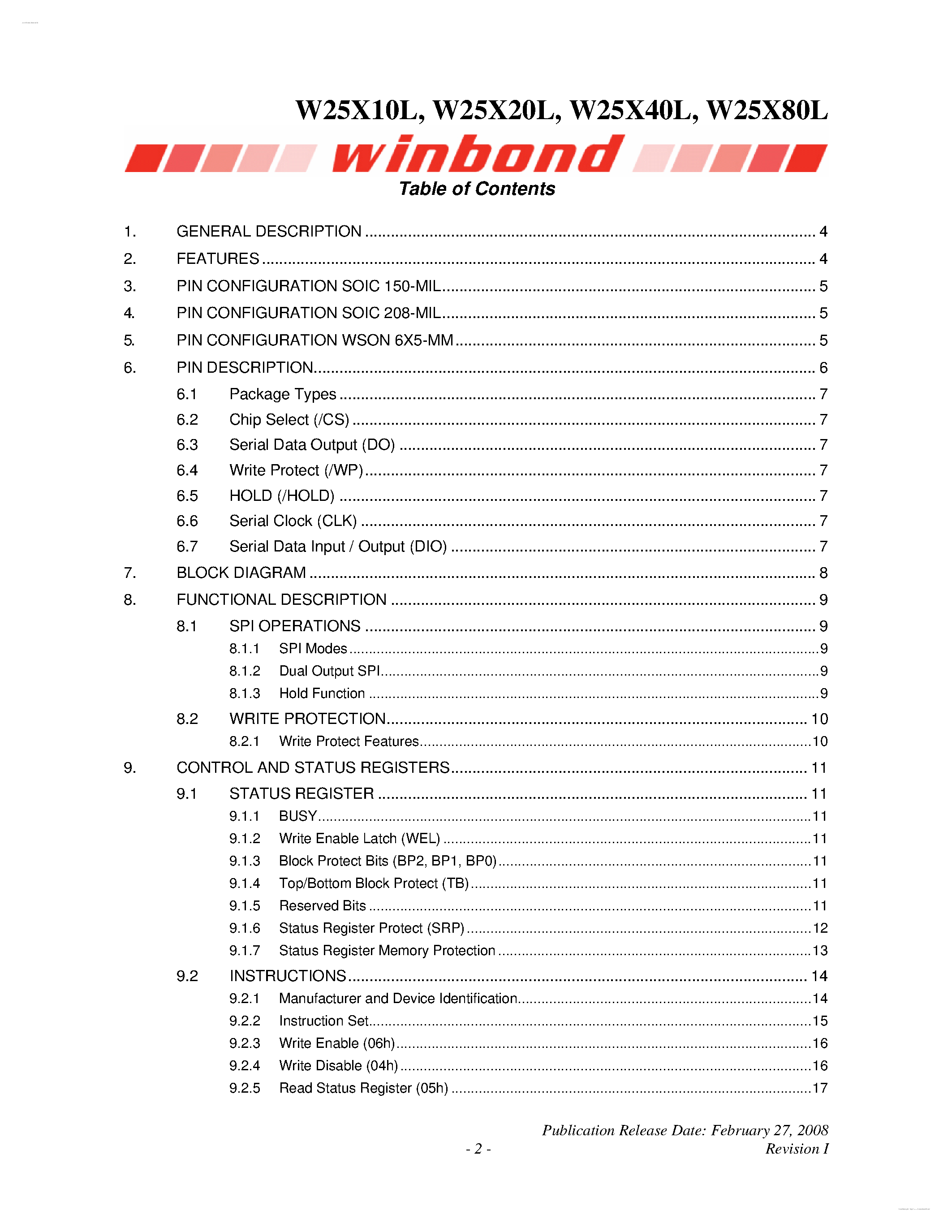 Datasheet W25X10L - (W25X10L - W25X80L) 2.5V SERIAL FLASH MEMORY page 2
