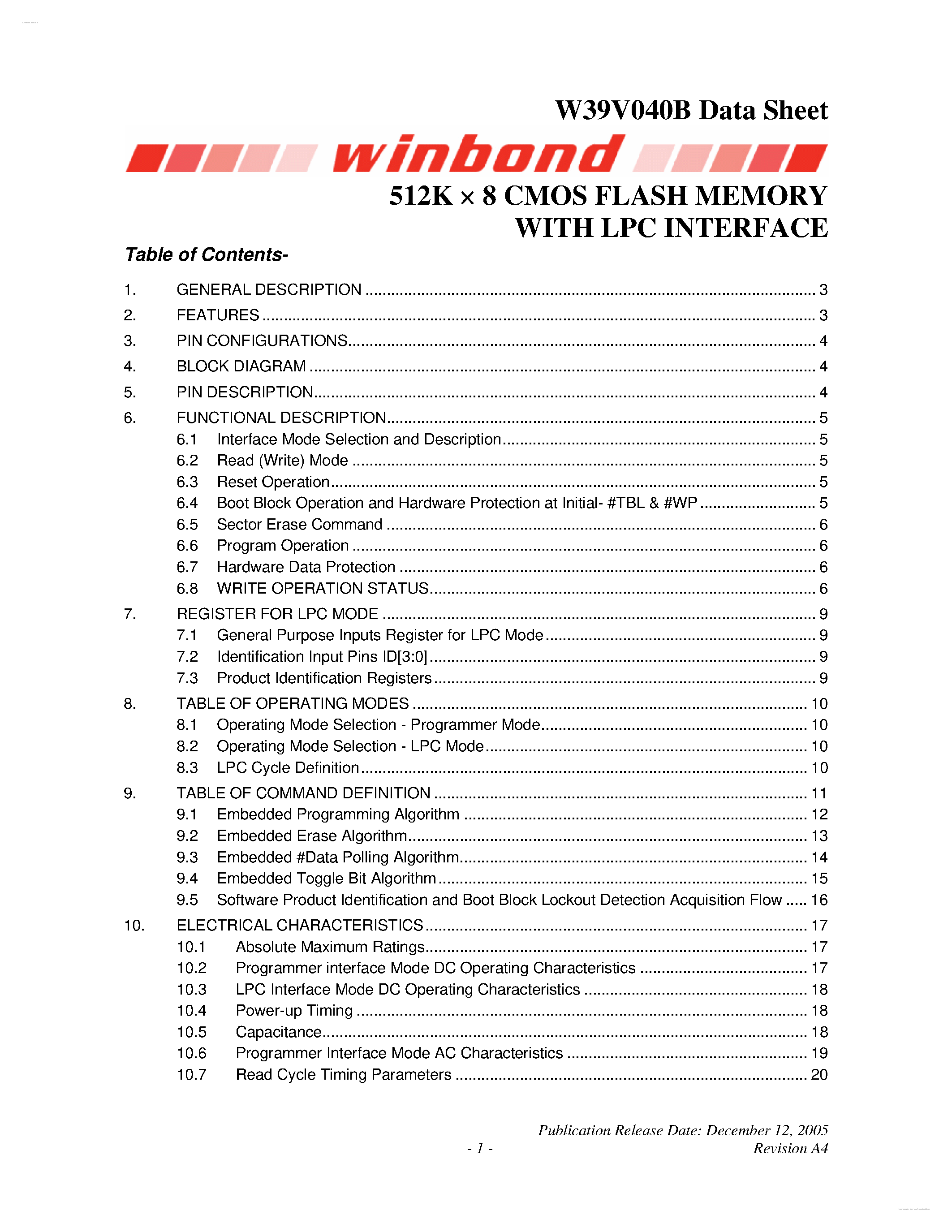 Datasheet W39V040B page 1 Datasheet W39V040B - 512K X 8 CMOS FLASH MEMORY page 1