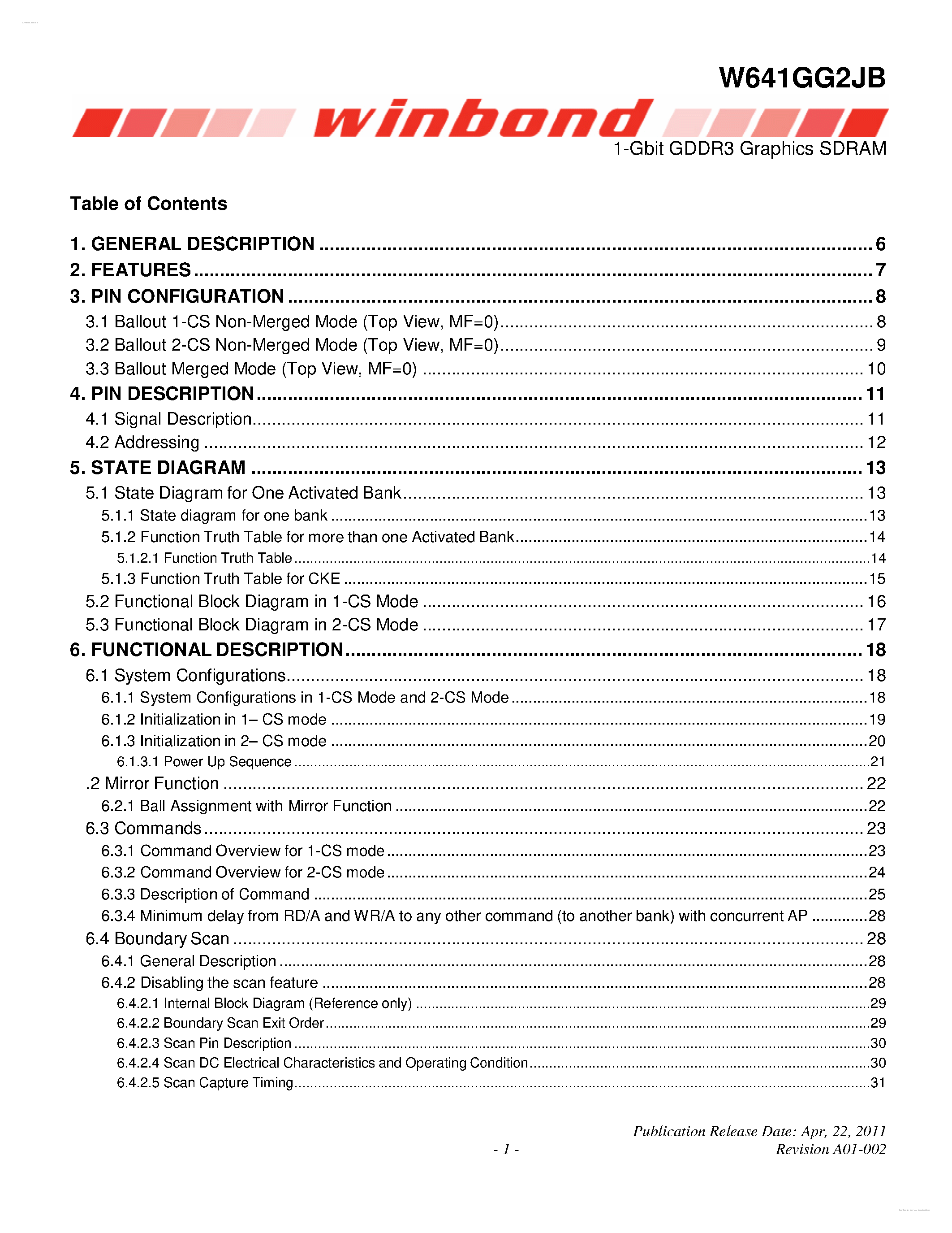 Datasheet W641GG2JB - 1-Gbit GDDR3 Graphics SDRAM page 1