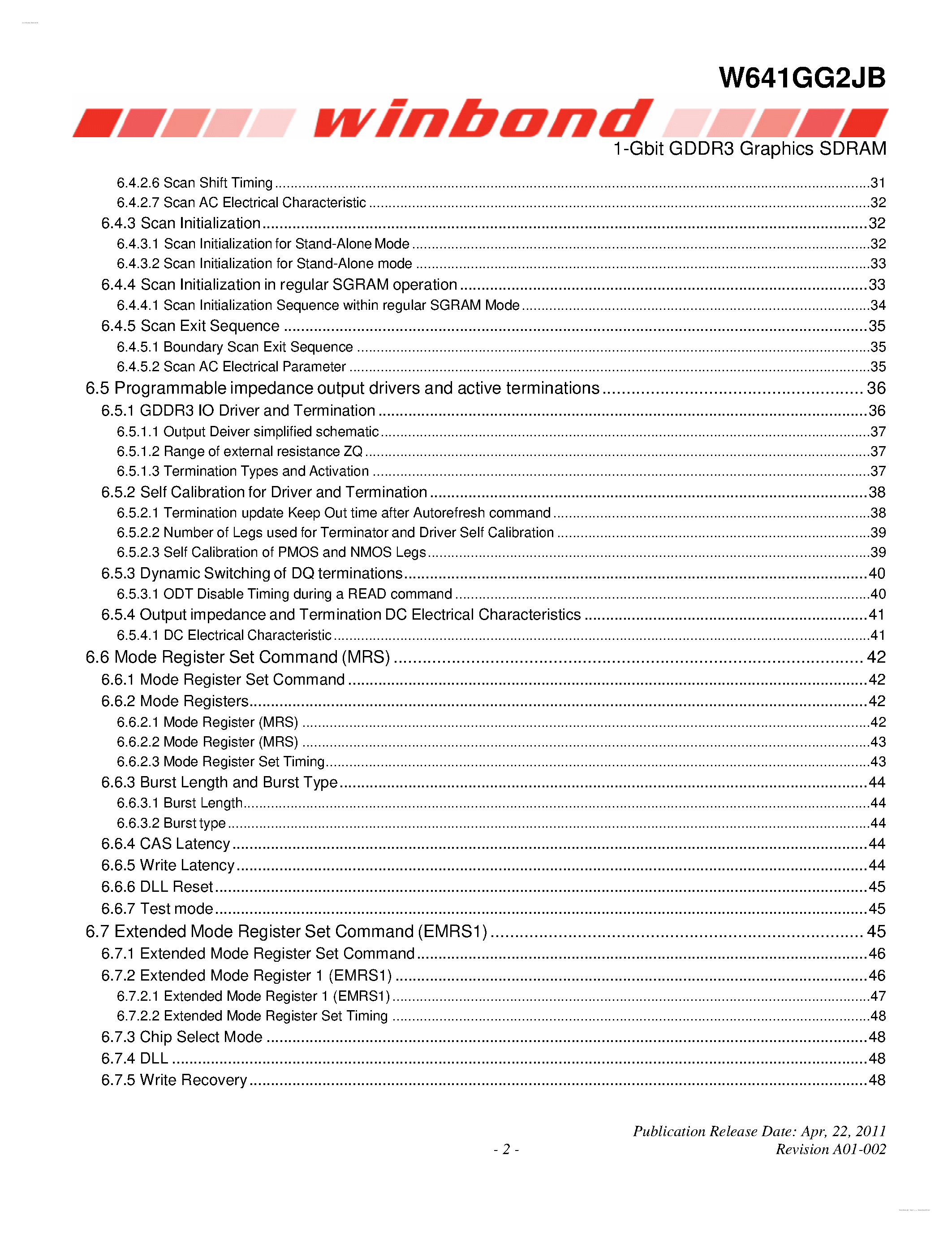 Datasheet W641GG2JB - 1-Gbit GDDR3 Graphics SDRAM page 2
