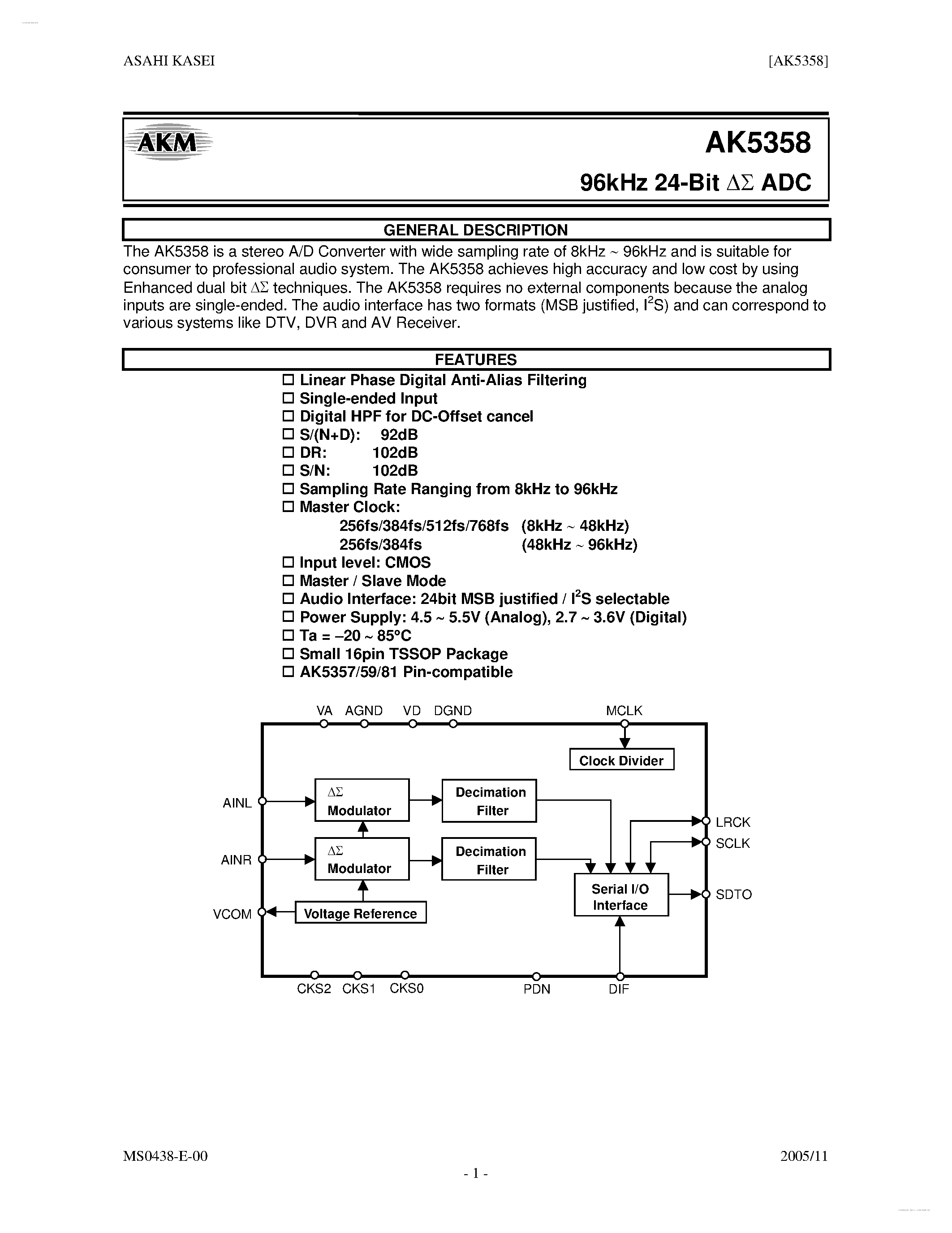 Datasheet AK5358 - 24-Bit ADC page 1