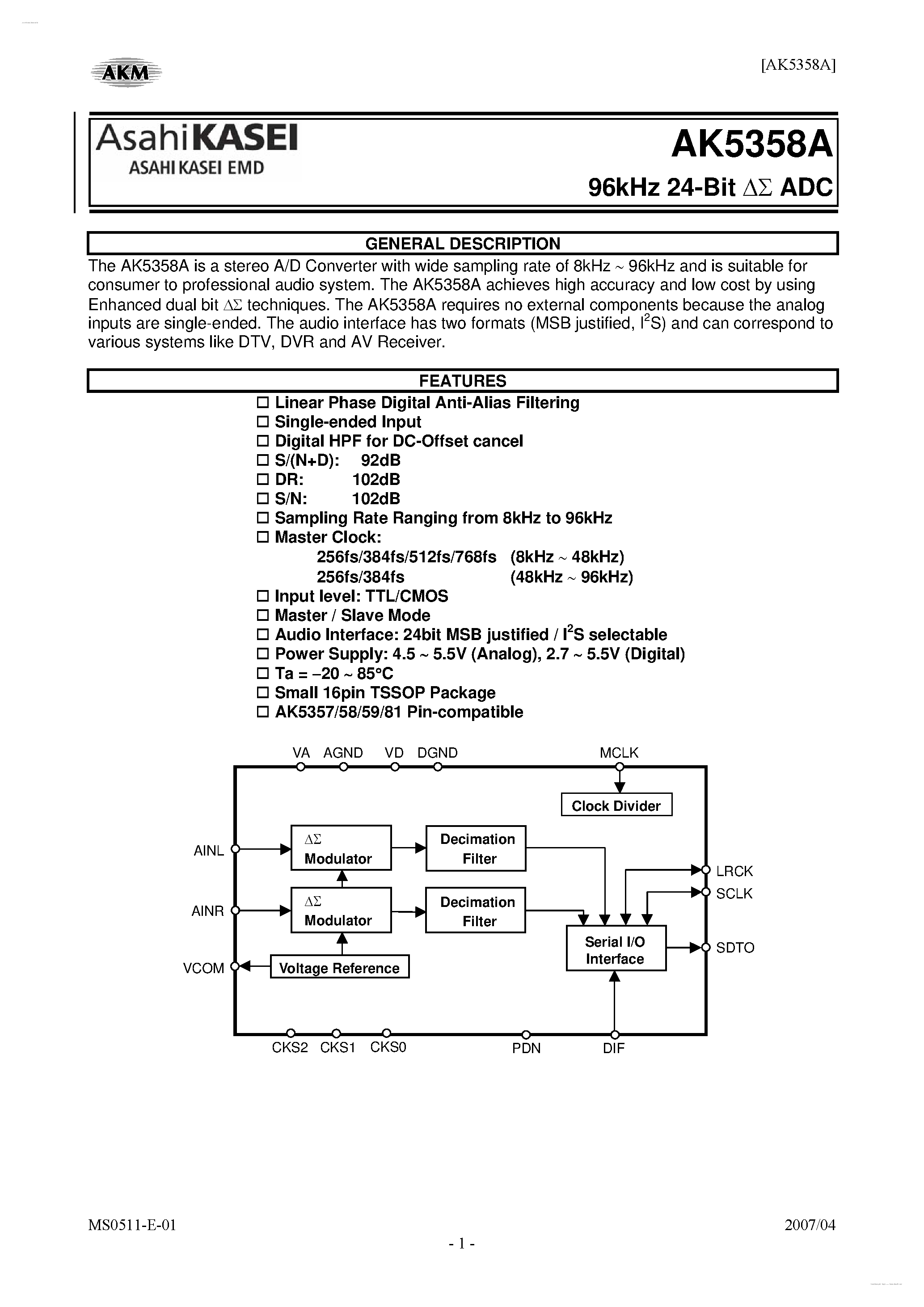 Datasheet AK5358A - 24-Bit ADC page 1