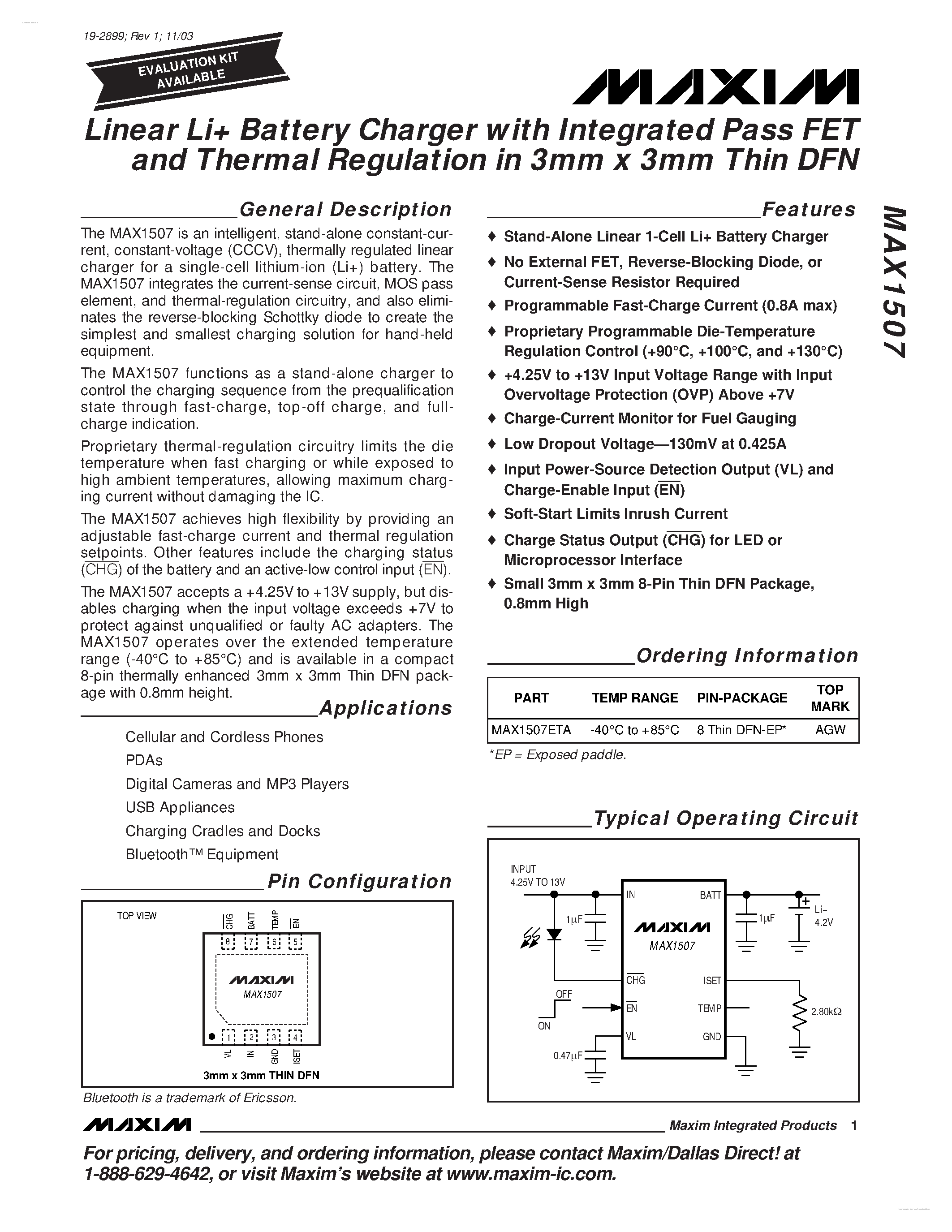 Datasheet MAX1507 - Linear Li Battery Charger page 1