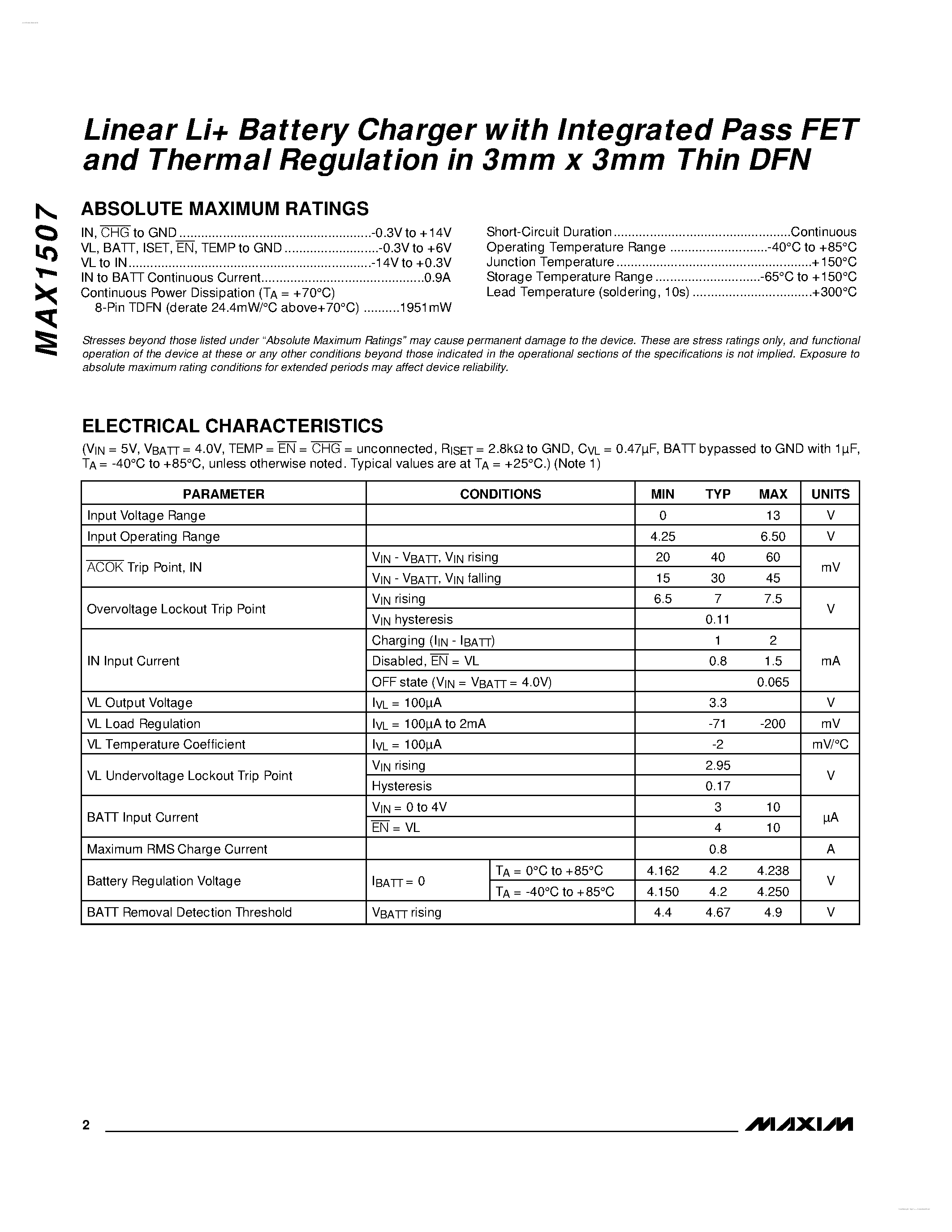 Datasheet MAX1507 - Linear Li Battery Charger page 2
