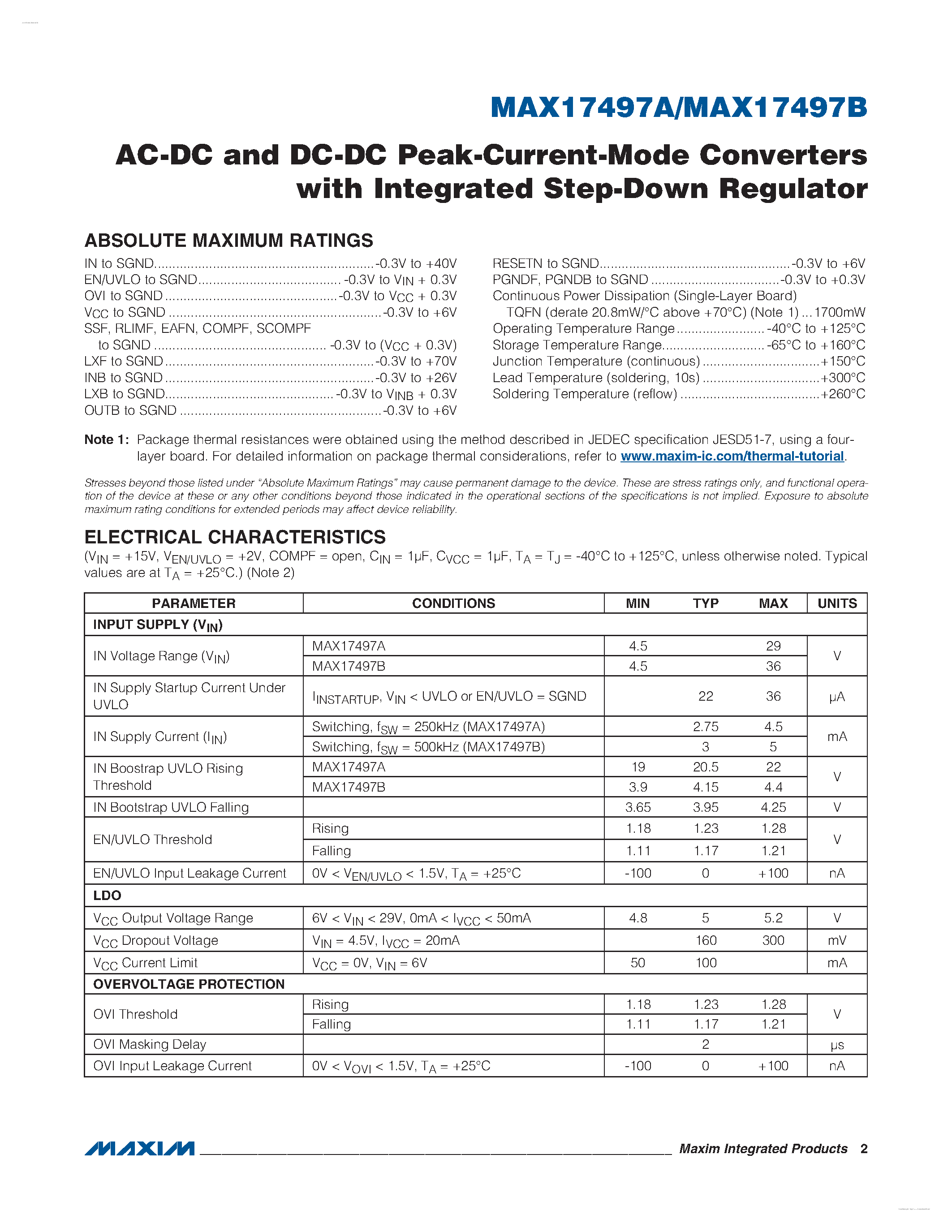 Datasheet MAX17497A page 2 Datasheet MAX17497A - (MAX17497A/B) AC-DC and DC-DC Peak-Current-Mode Converters page 2