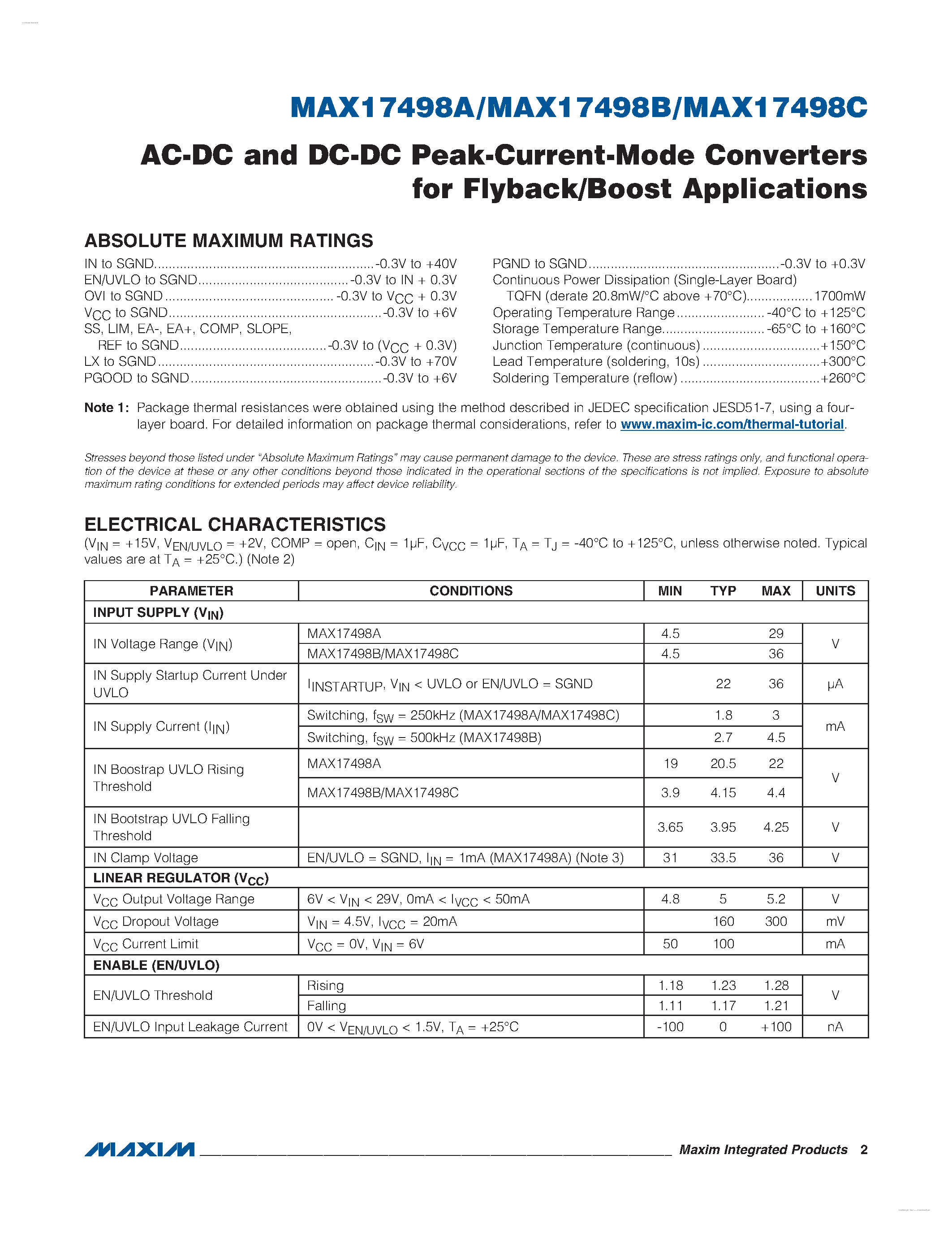 Datasheet MAX17498A page 2 Datasheet MAX17498A - (MAX17498A/B/C) AC-DC and DC-DC Peak-Current-Mode Converters page 2