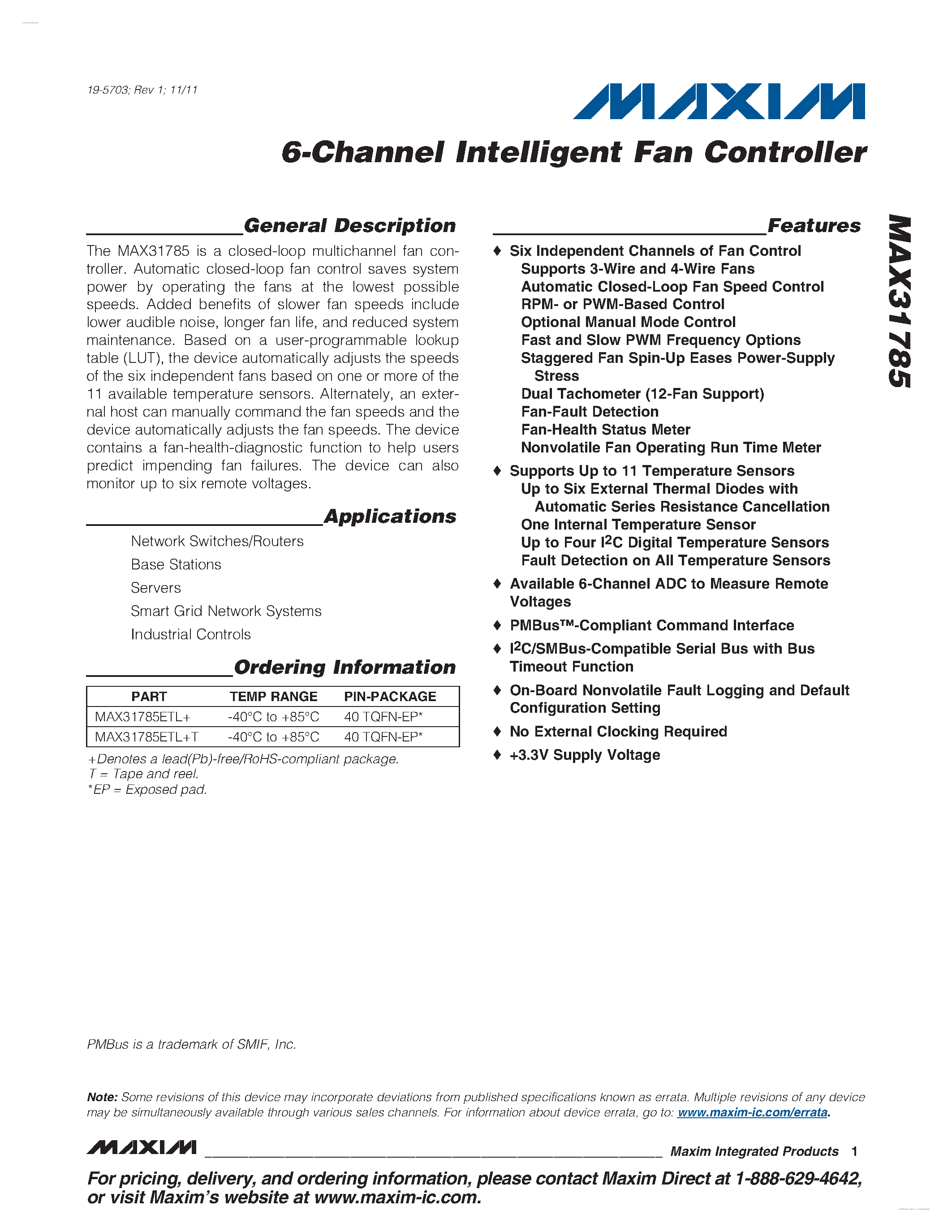 Datasheet MAX31785 - 6-Channel Intelligent Fan Controller page 1
