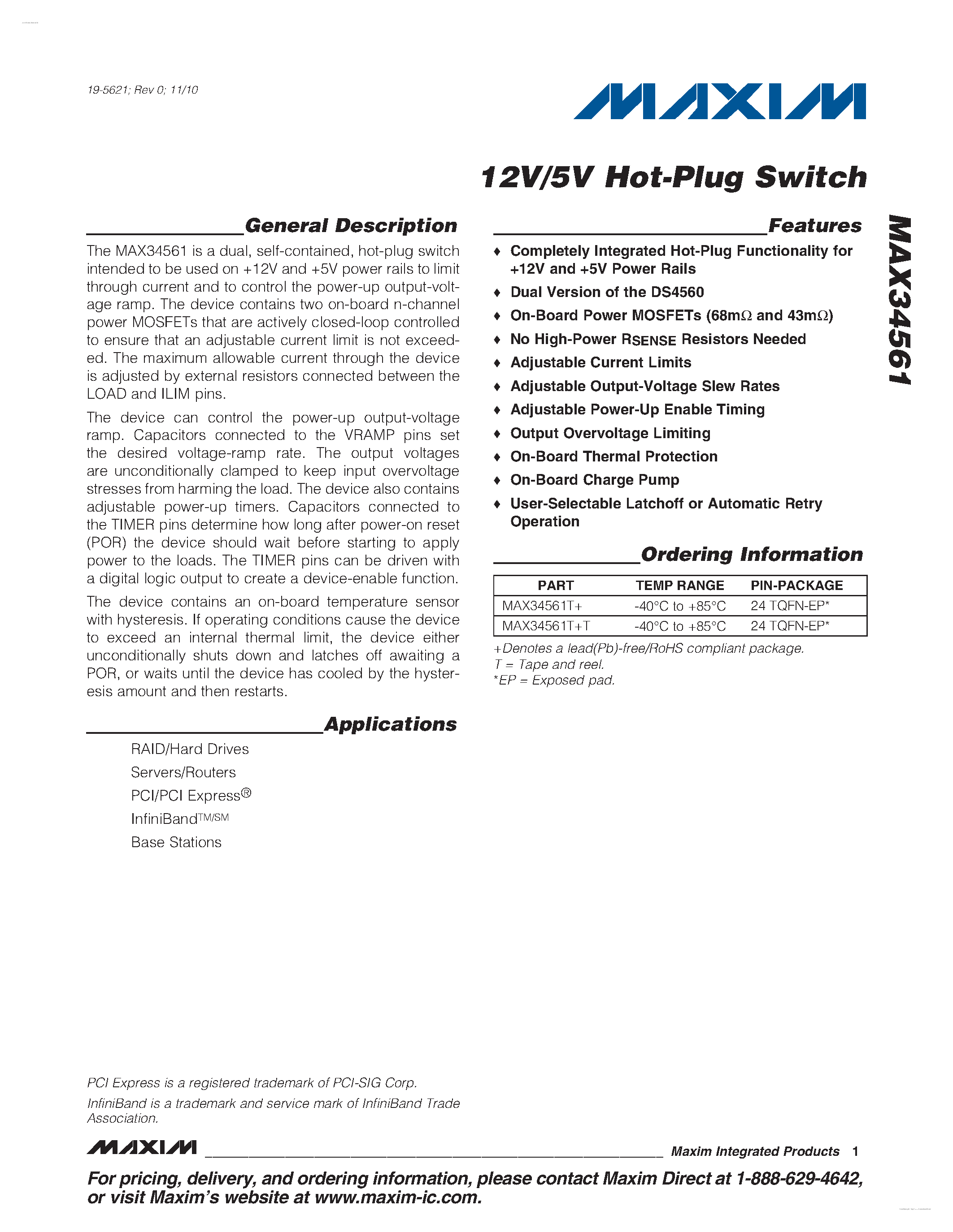 Datasheet MAX34561 page 1 Datasheet MAX34561 - 12V/5V Hot-Plug Switch page 1
