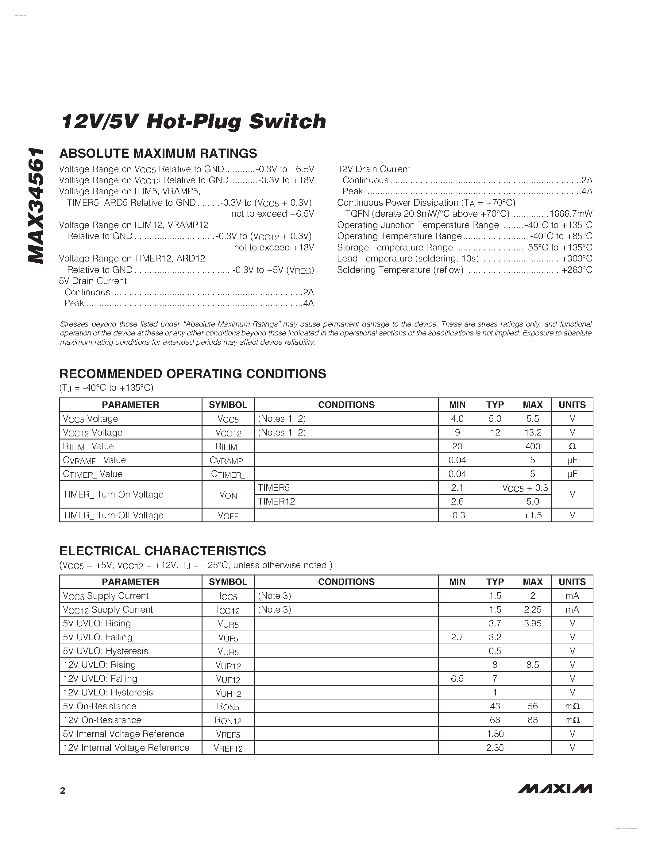 Datasheet MAX34561 page 2 Datasheet MAX34561 - 12V/5V Hot-Plug Switch page 2