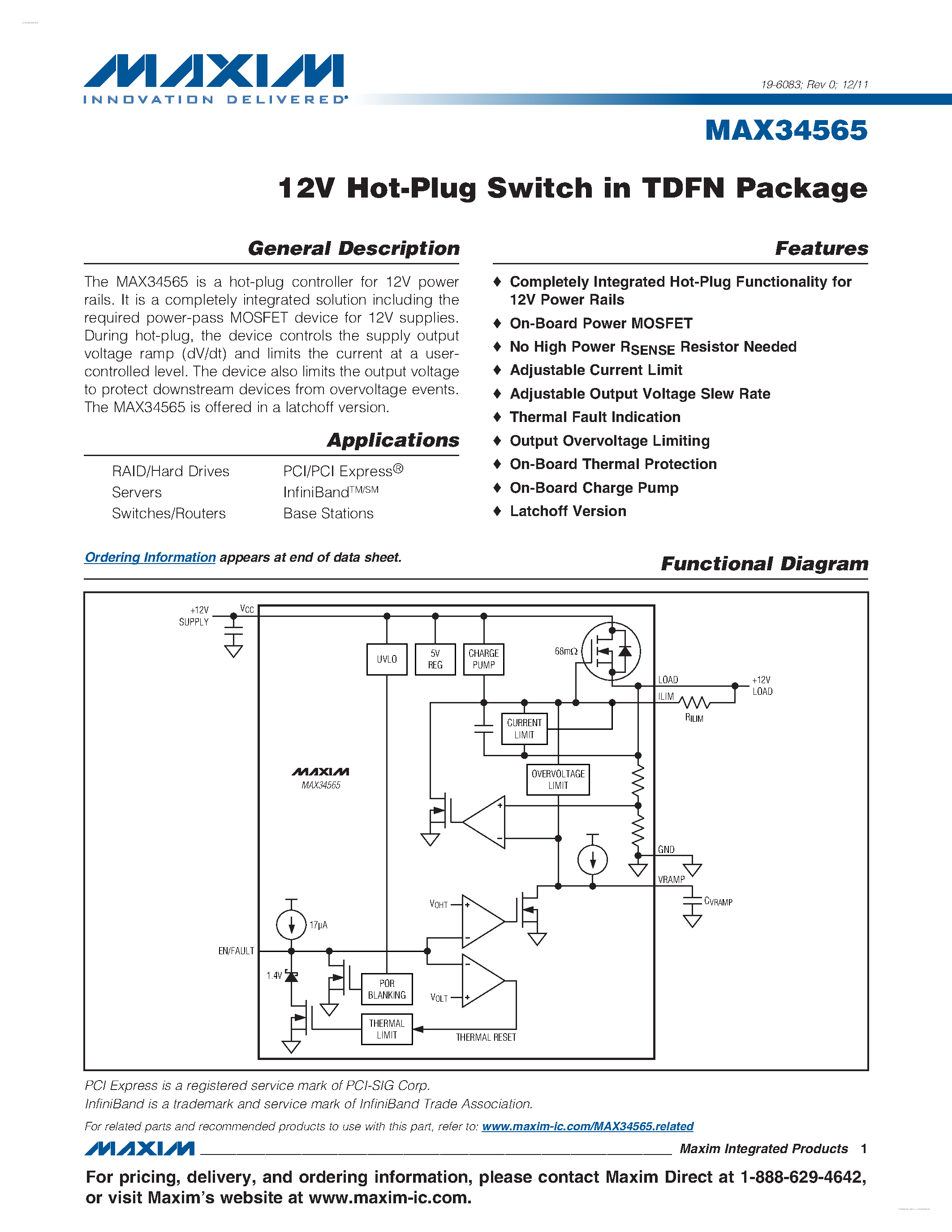 Datasheet MAX34565 page 1 Datasheet MAX34565 - 12V Hot-Plug Switch page 1