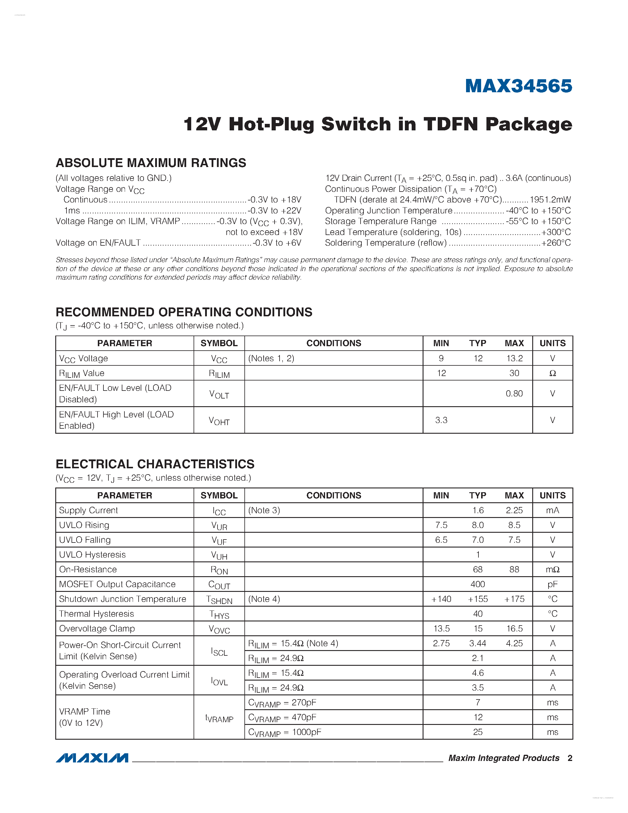 Datasheet MAX34565 page 2 Datasheet MAX34565 - 12V Hot-Plug Switch page 2