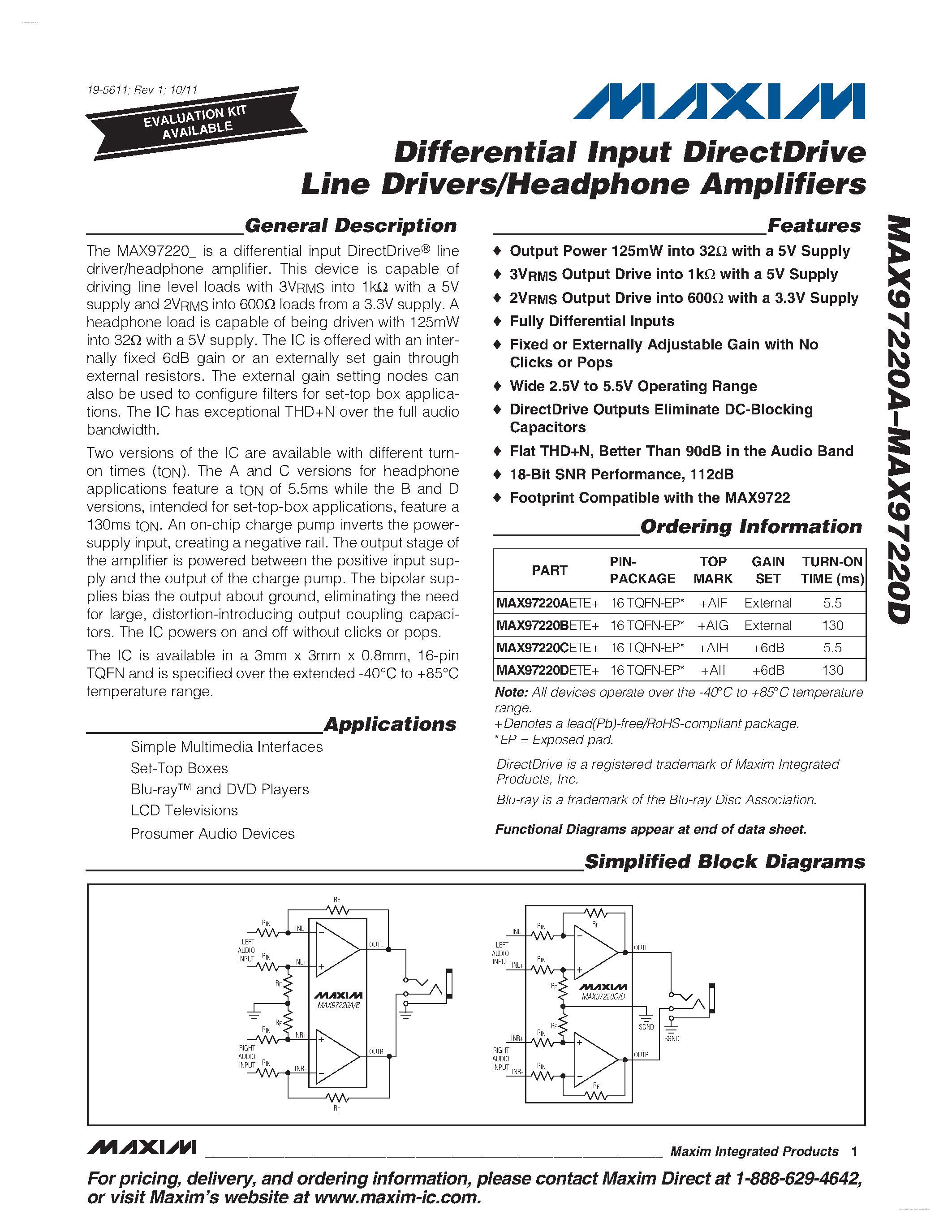 Даташит MAX97220A - (MAX97220A - MAX97220D) Differential Input DirectDrive Line Drivers/Headphone Amplifiers страница 1