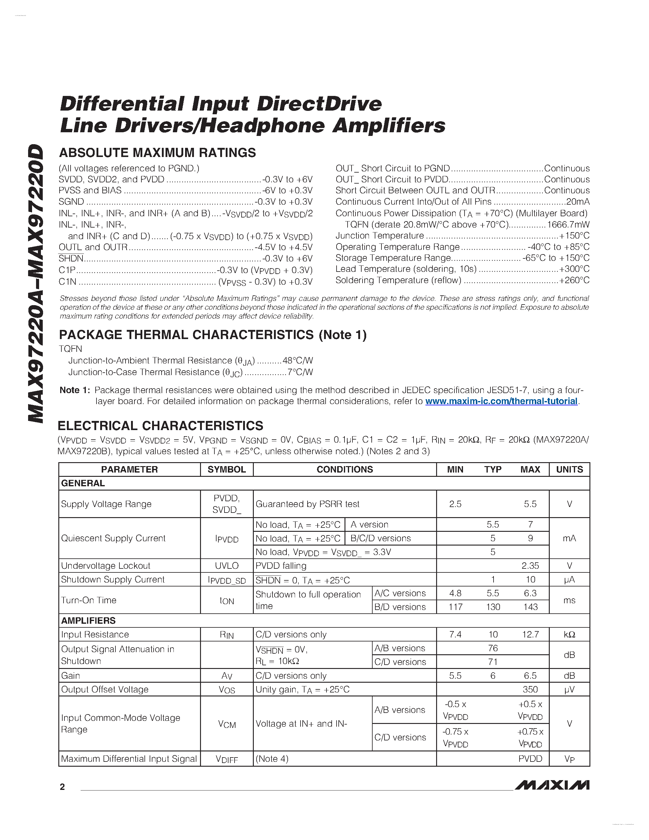 Даташит MAX97220A - (MAX97220A - MAX97220D) Differential Input DirectDrive Line Drivers/Headphone Amplifiers страница 2