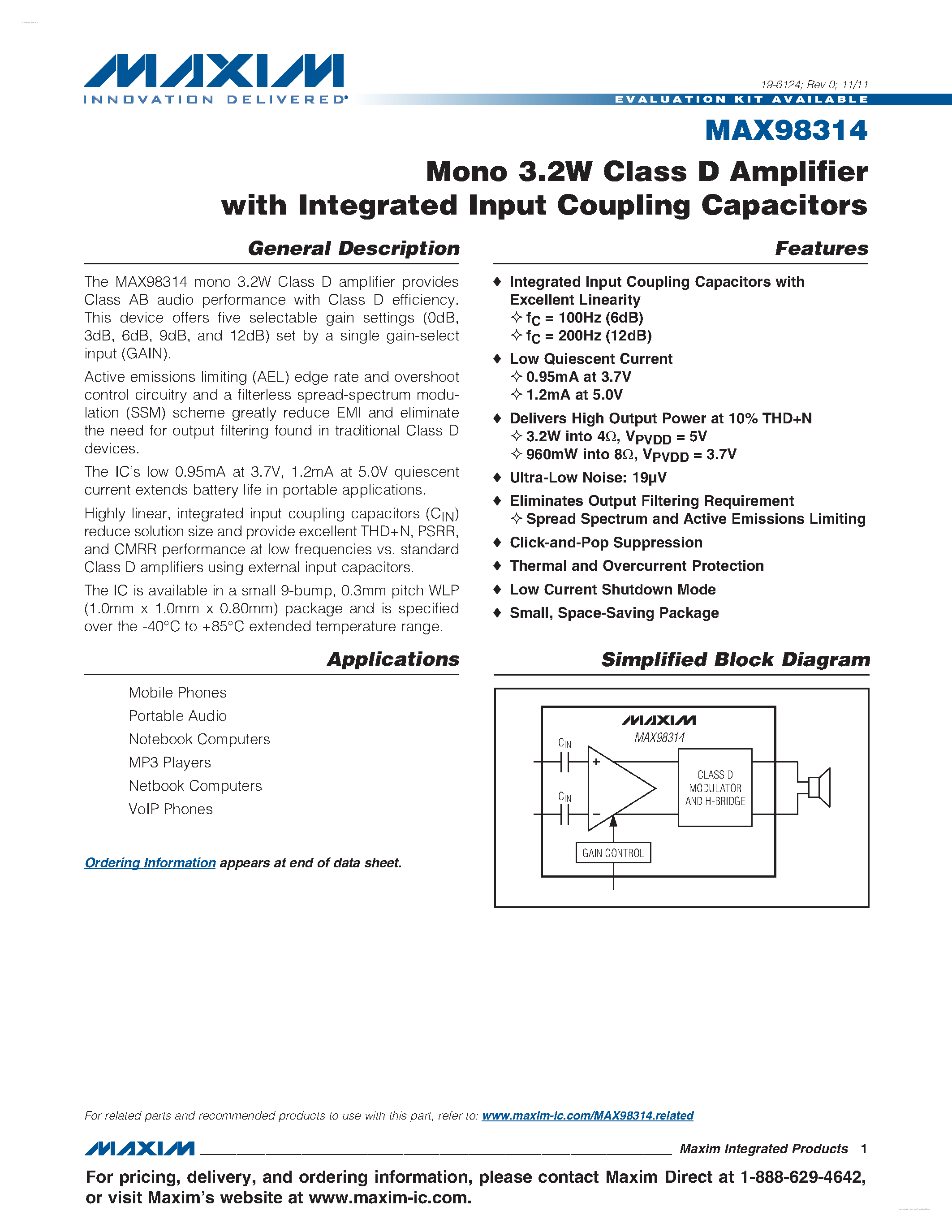 Даташит на микросхему MAX98314 страница 1 Даташит MAX98314 - Mono 3.2W Class D Amplifier страница 1