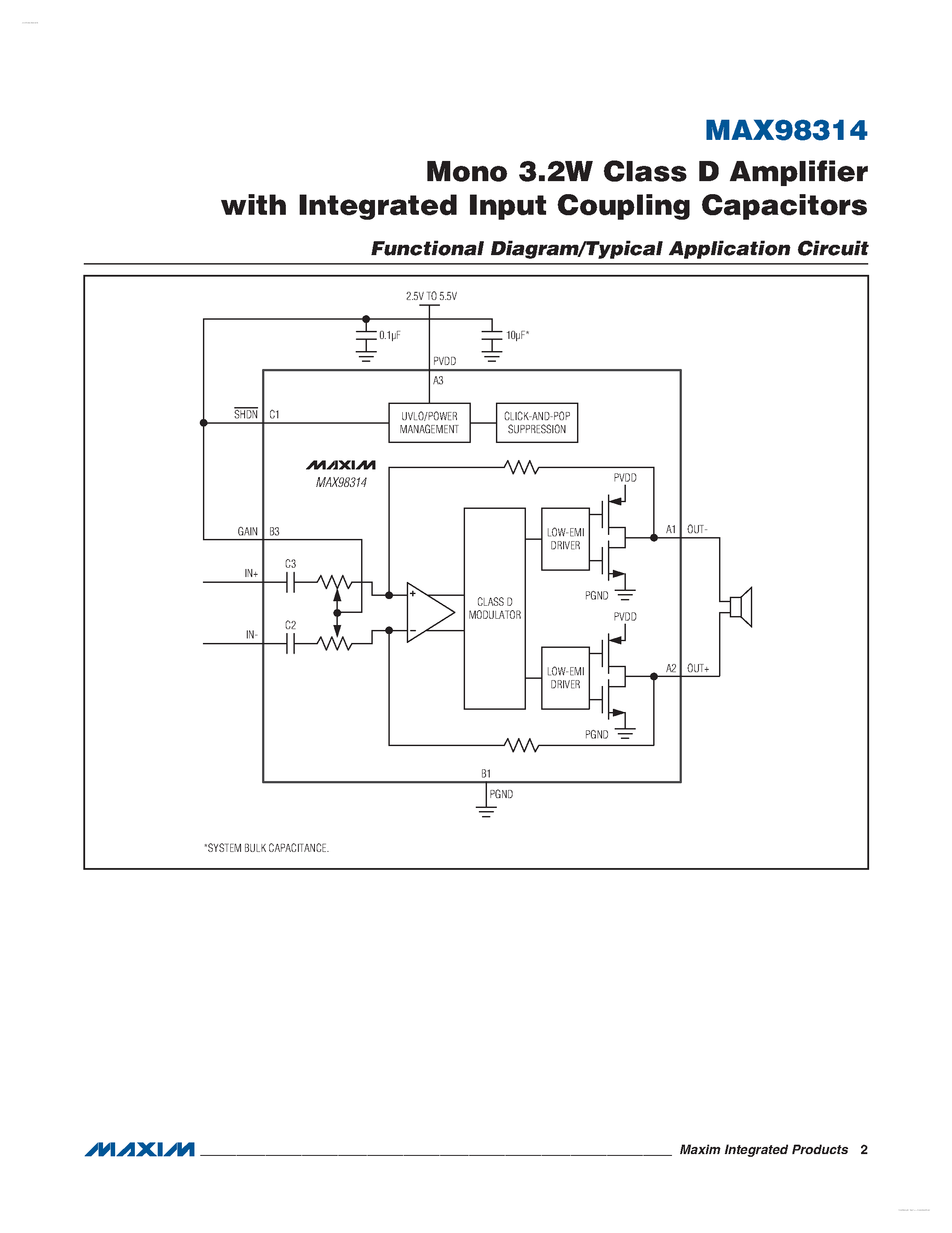 Даташит на микросхему MAX98314 страница 2 Даташит MAX98314 - Mono 3.2W Class D Amplifier страница 2