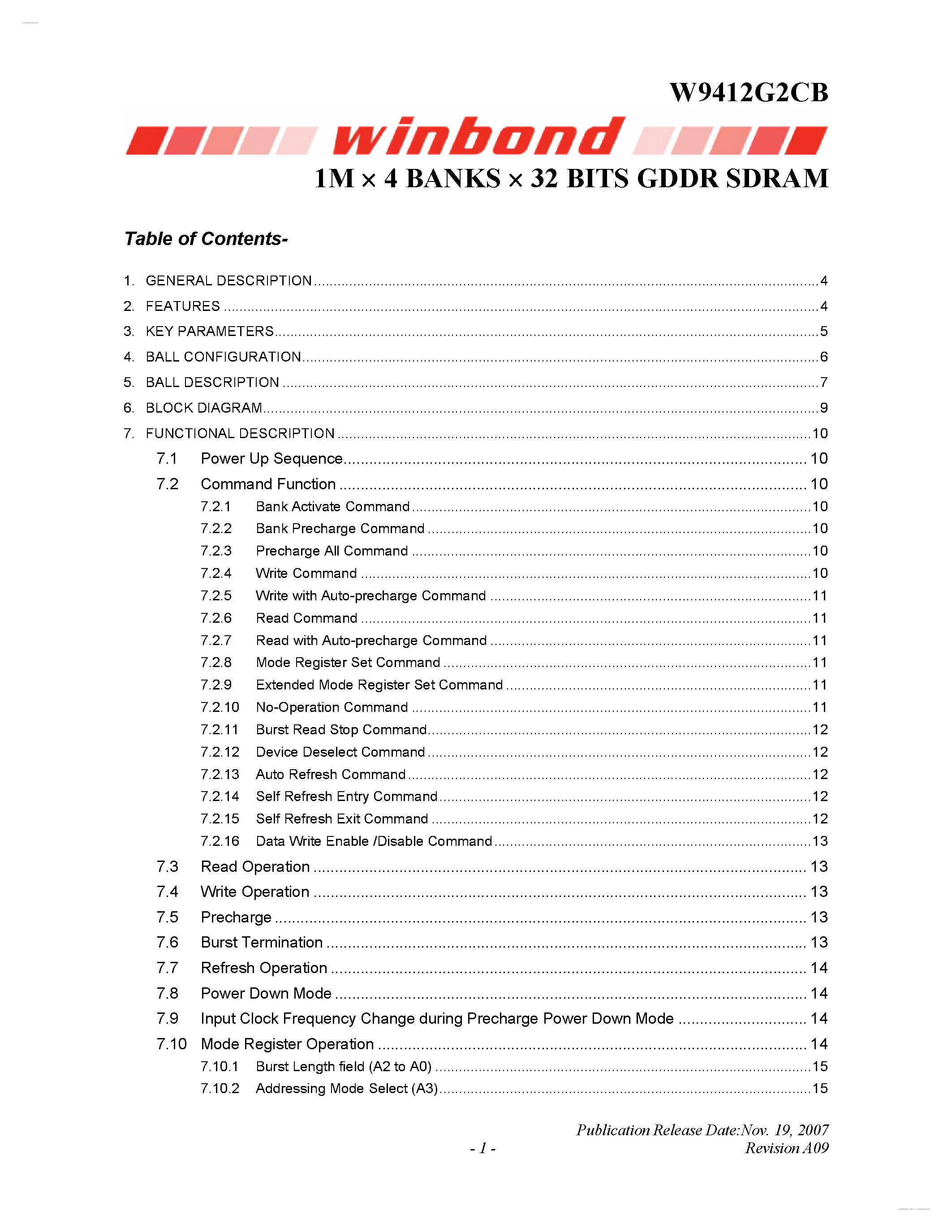 Datasheet W9412G2CB - 1M X 4 BANKS X 32 BITS GDDR SDRAM page 1