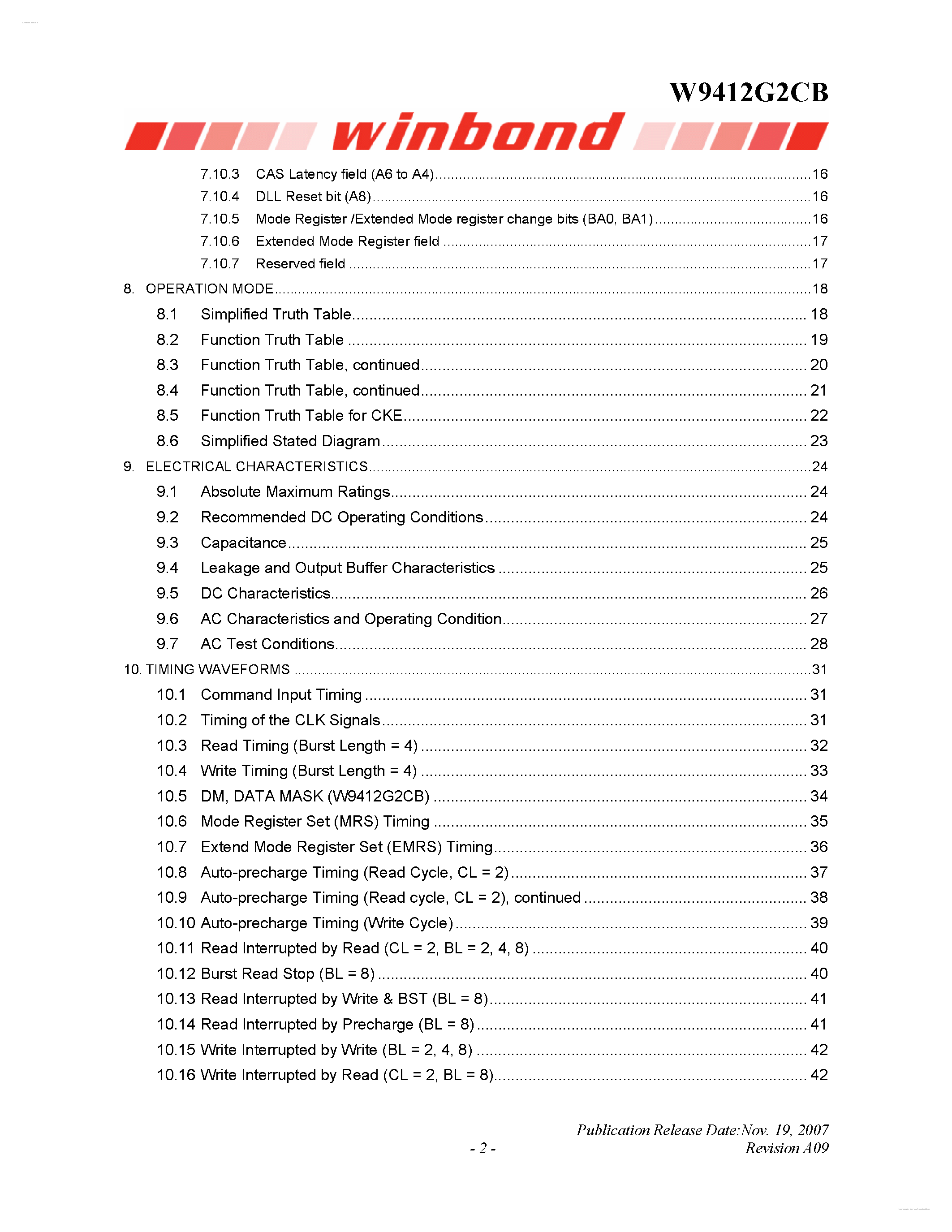 Datasheet W9412G2CB - 1M X 4 BANKS X 32 BITS GDDR SDRAM page 2