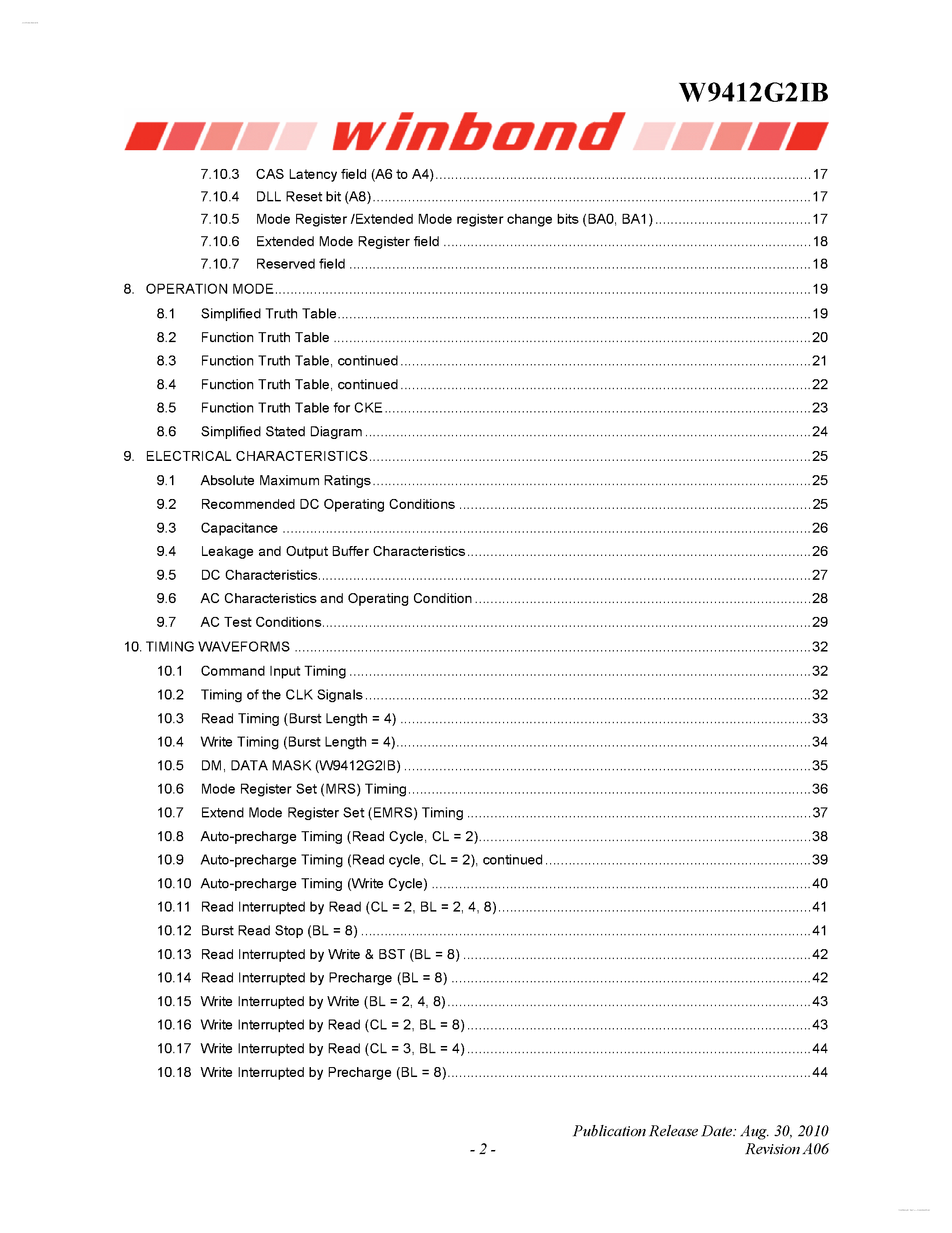 Datasheet W9412G2IB - 1M X 4 BANKS X 32 BITS GDDR SDRAM page 2