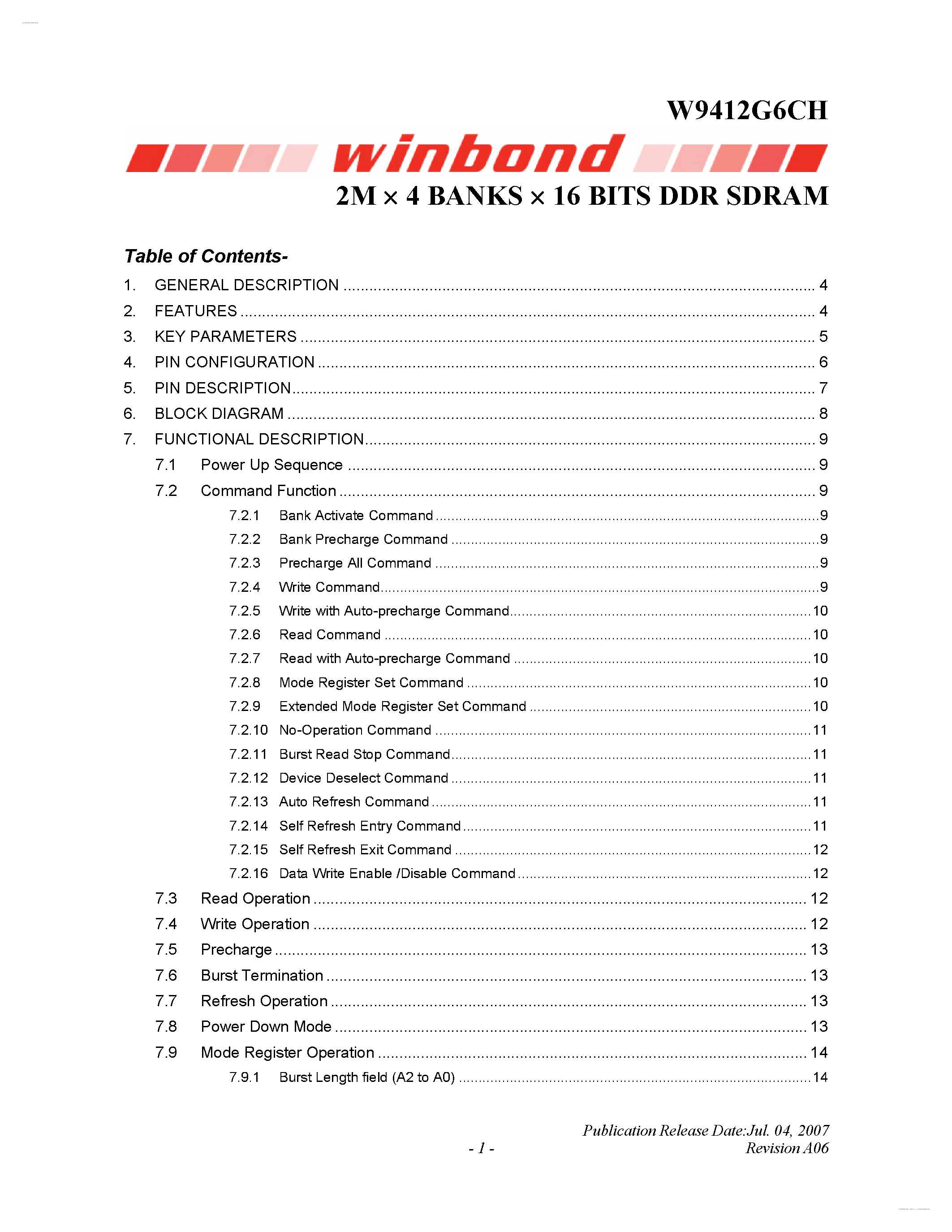 Datasheet W9412G6CH - 2M X 4 BANKS X 16 BITS DDR SDRAM page 1