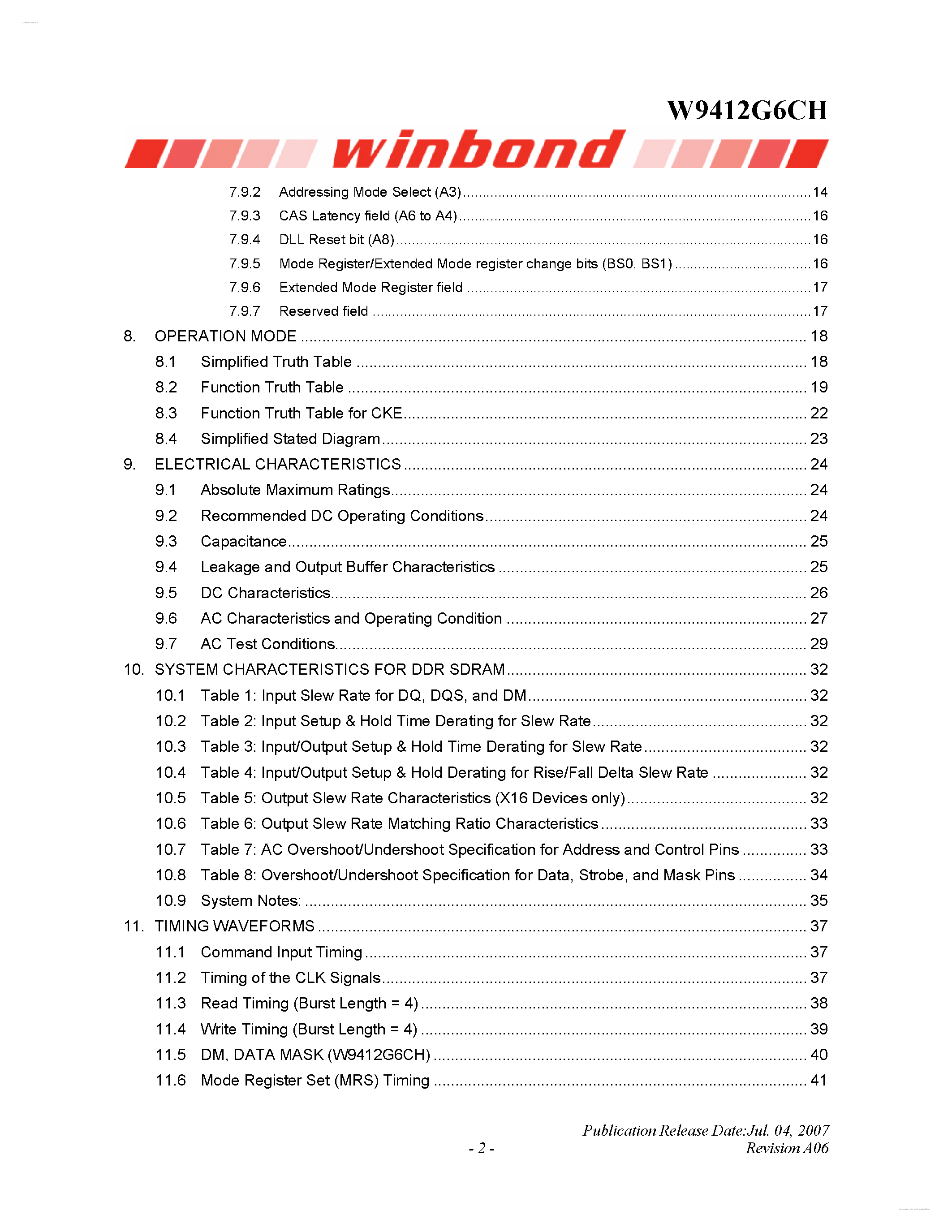 Datasheet W9412G6CH - 2M X 4 BANKS X 16 BITS DDR SDRAM page 2