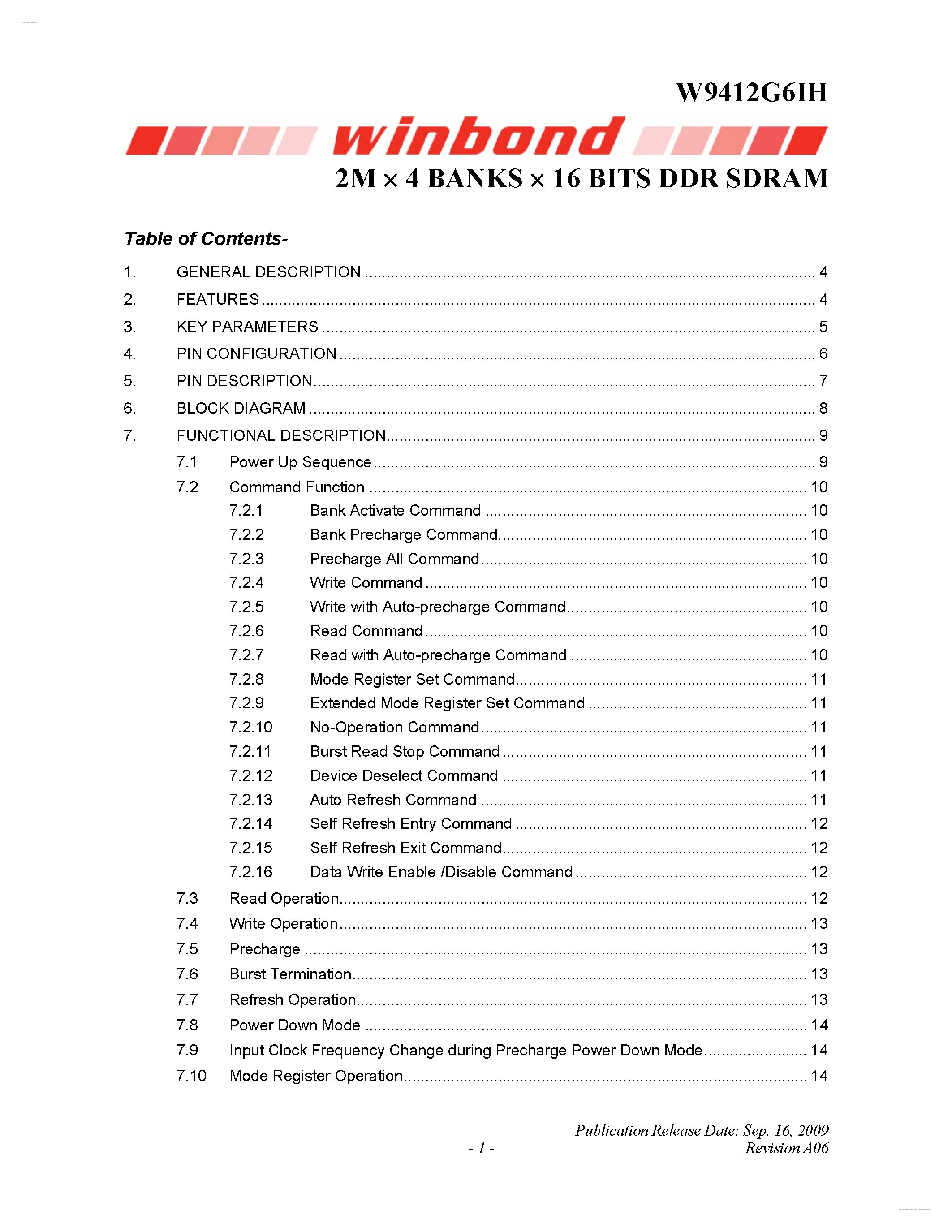 Datasheet W9412G6IH - 2M X 4 BANKS X 16 BITS DDR SDRAM page 1