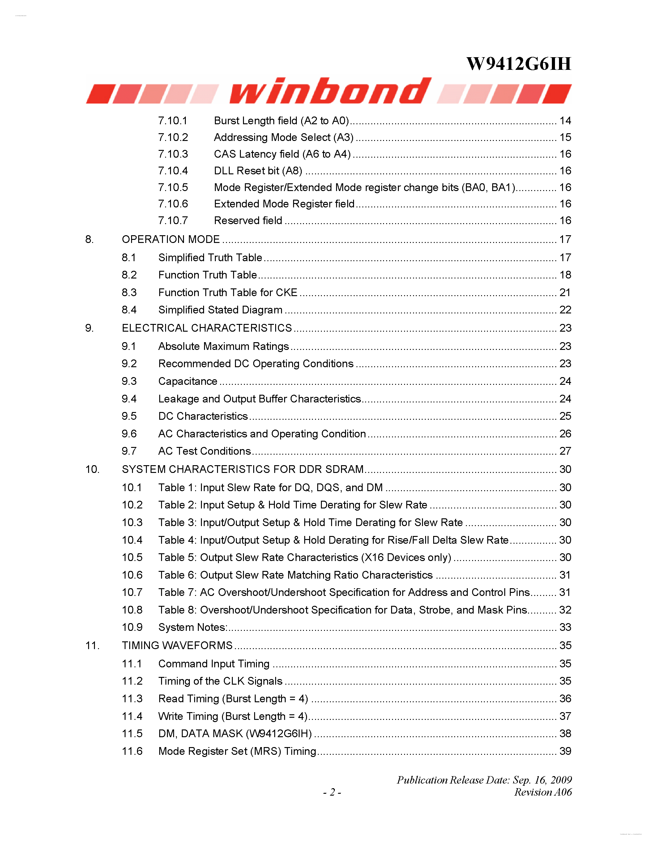 Datasheet W9412G6IH - 2M X 4 BANKS X 16 BITS DDR SDRAM page 2