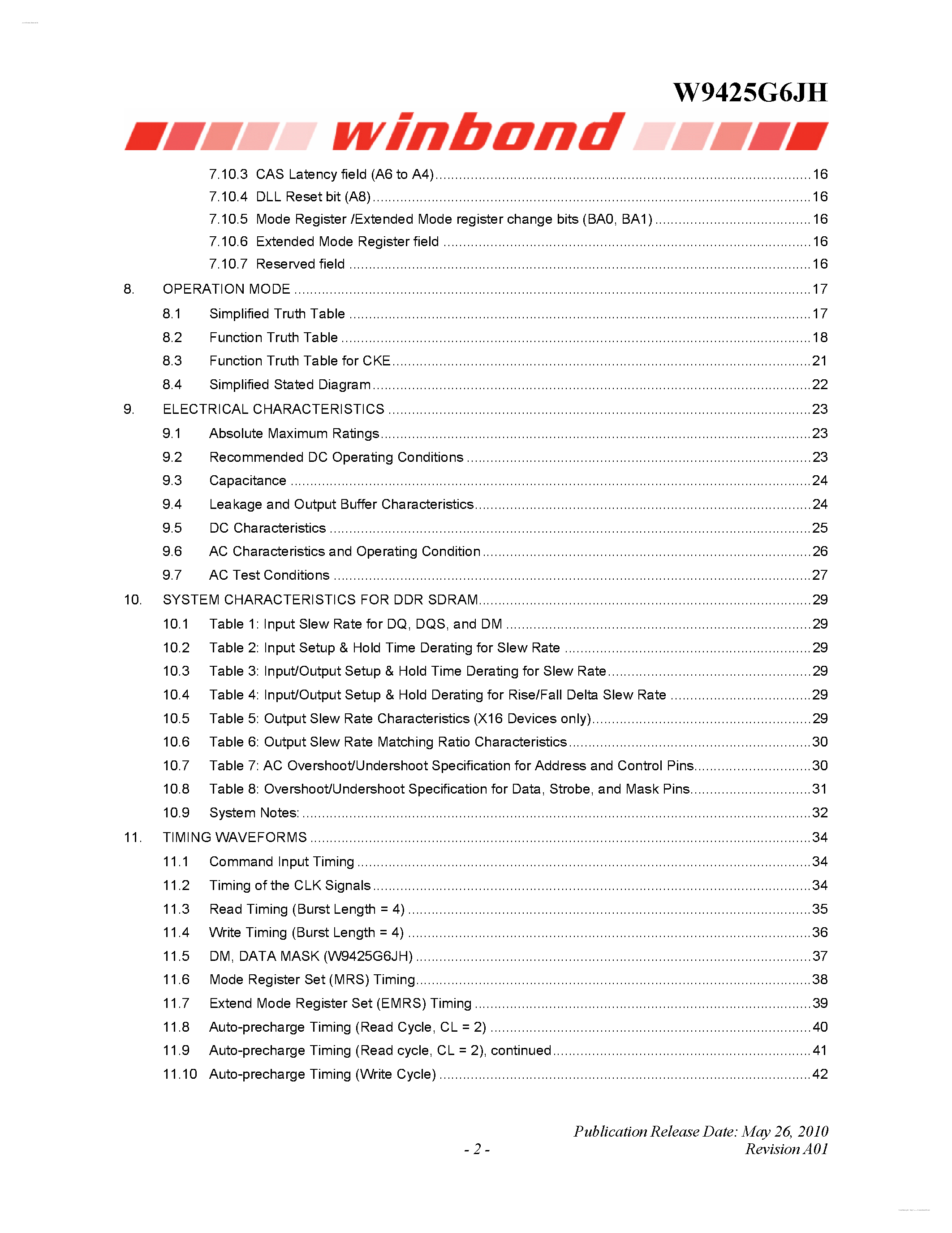 Datasheet W9425G6JH - 4M X 4 BANKS X 16 BITS DDR SDRAM page 2