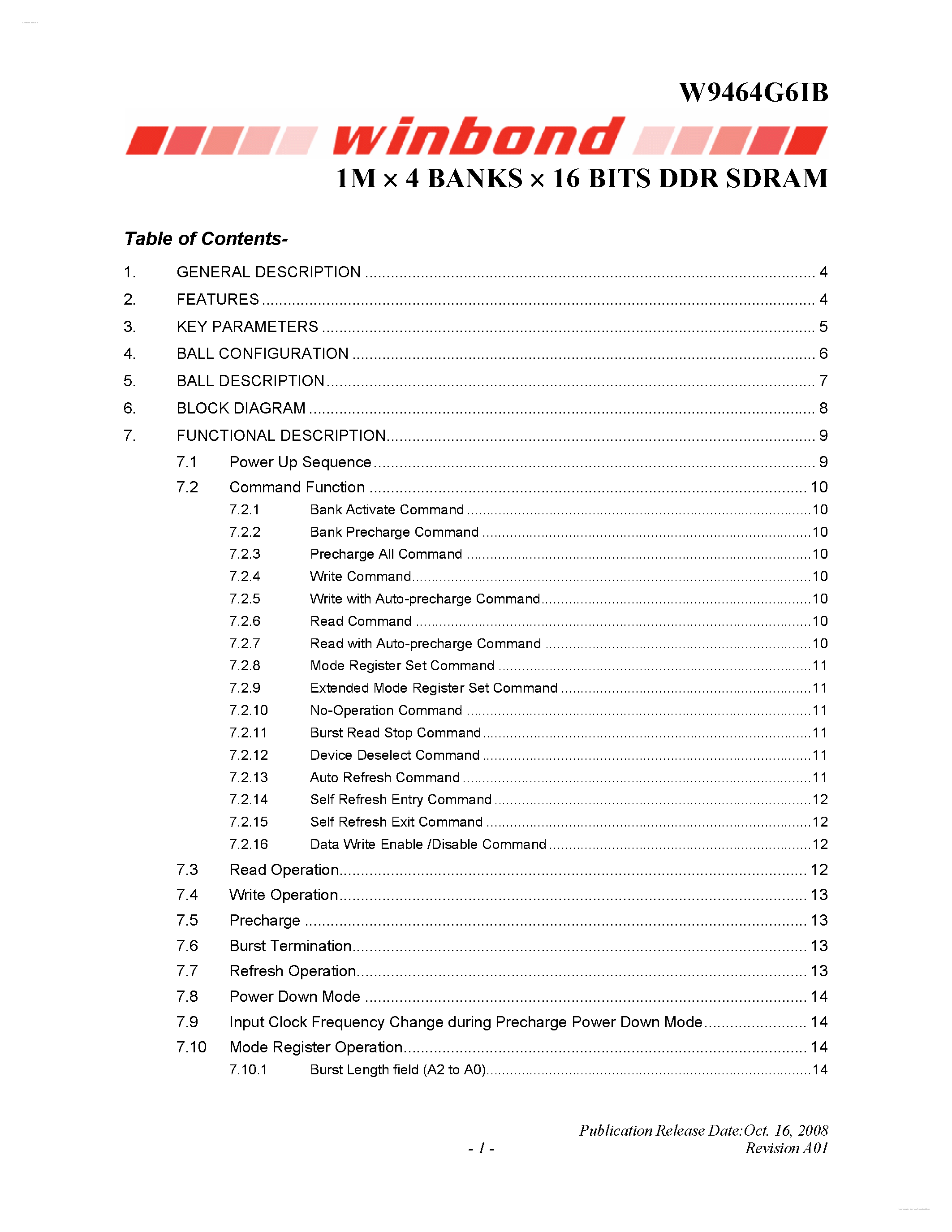Datasheet W9464G6IB - 1M X 4 BANKS X 16 BITS DDR SDRAM page 1