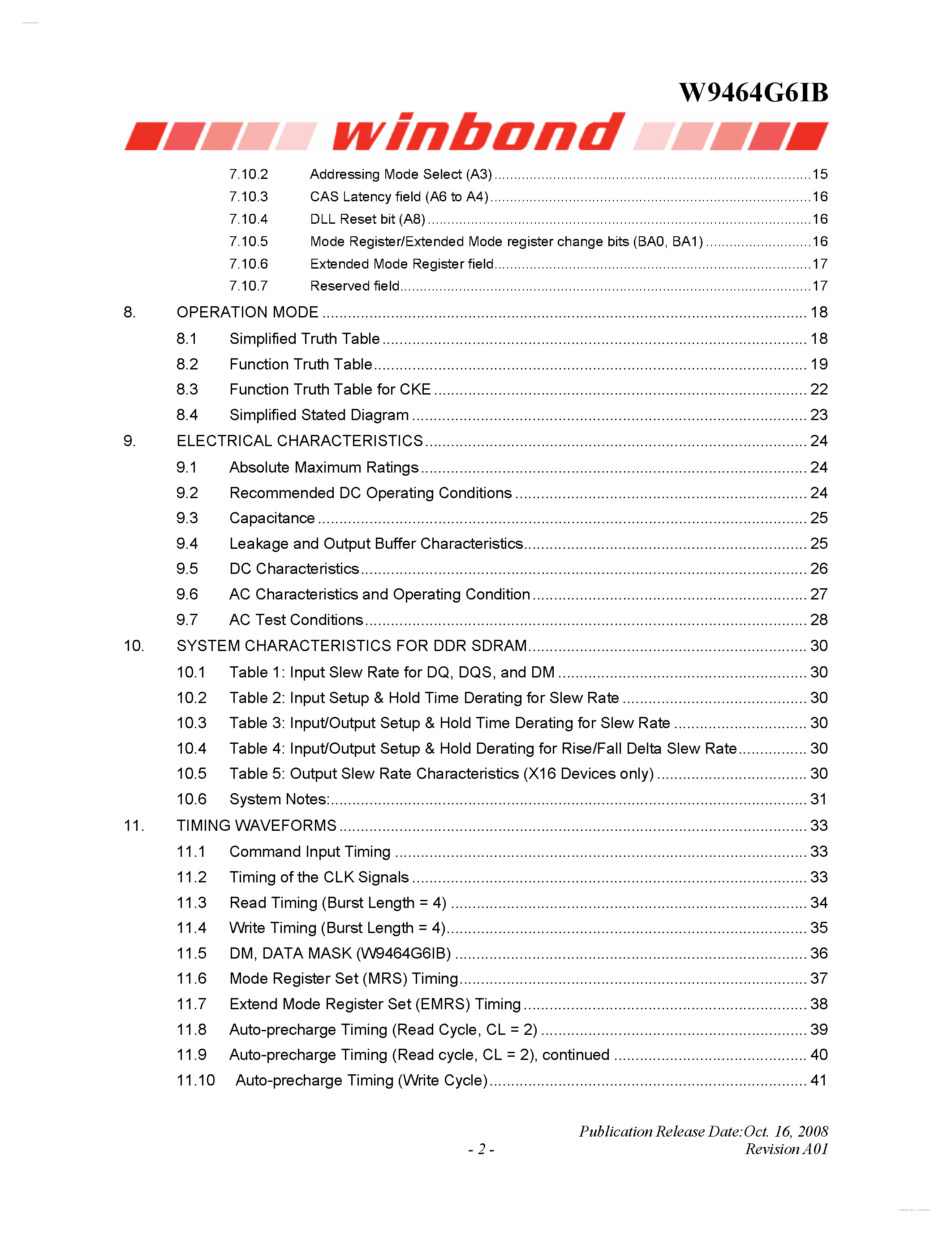 Datasheet W9464G6IB - 1M X 4 BANKS X 16 BITS DDR SDRAM page 2