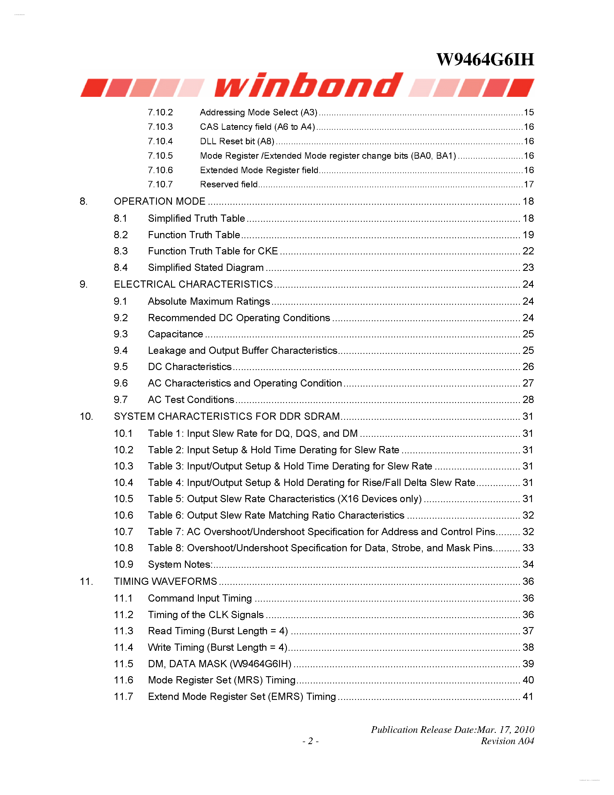 Datasheet W9464G6IH - 1M X 4 BANKS X 16 BITS DDR SDRAM page 2