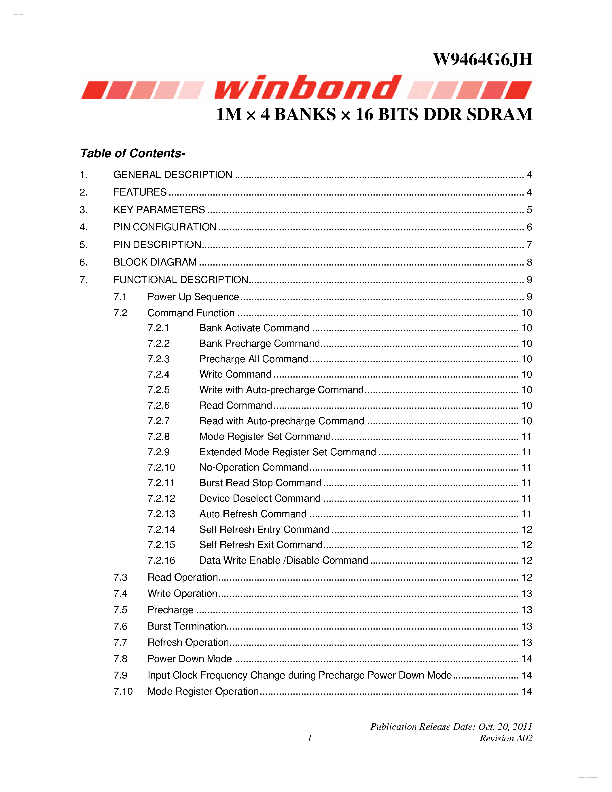 Datasheet W9464G6JH - 1M X 4 BANKS X 16 BITS DDR SDRAM page 1