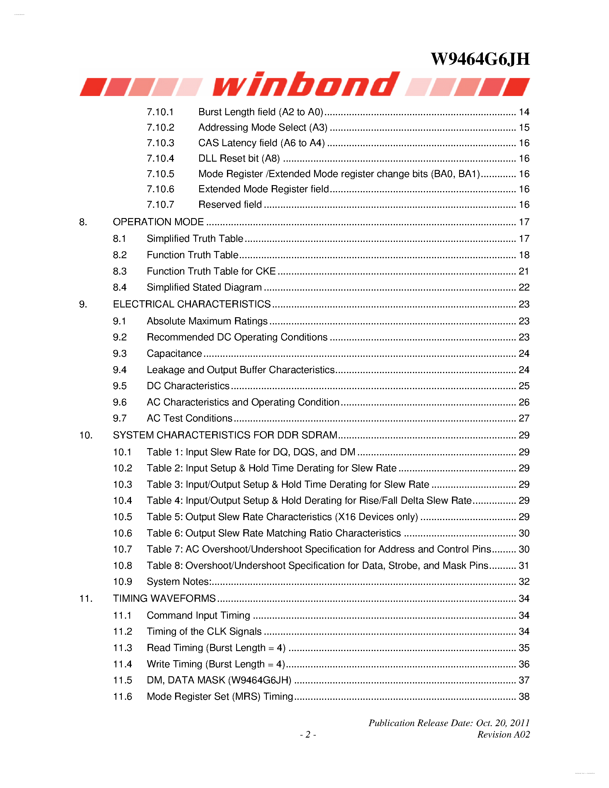Datasheet W9464G6JH - 1M X 4 BANKS X 16 BITS DDR SDRAM page 2